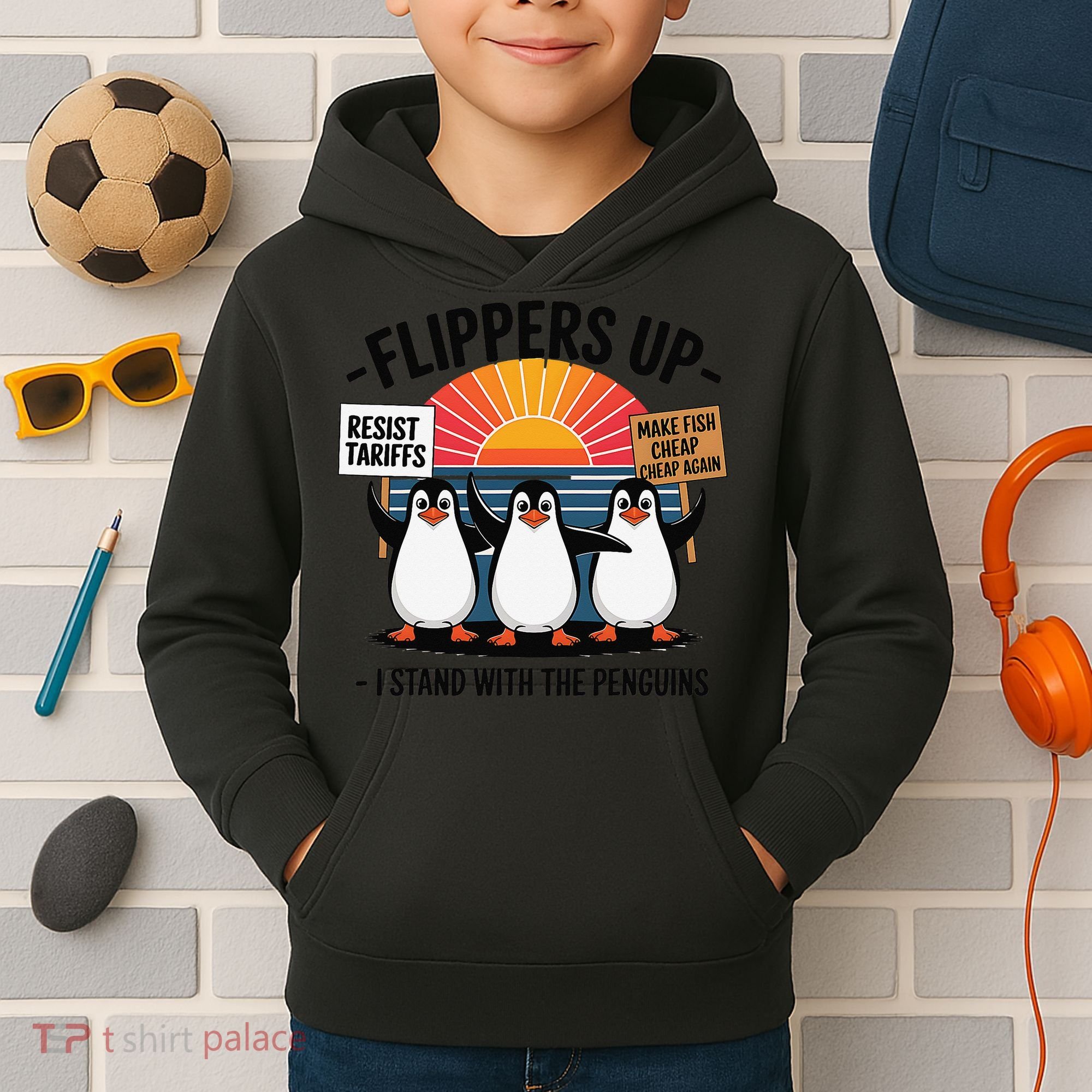 Flippers Up I Stand With Penguins Against Tariffs USA Kids Hoodie