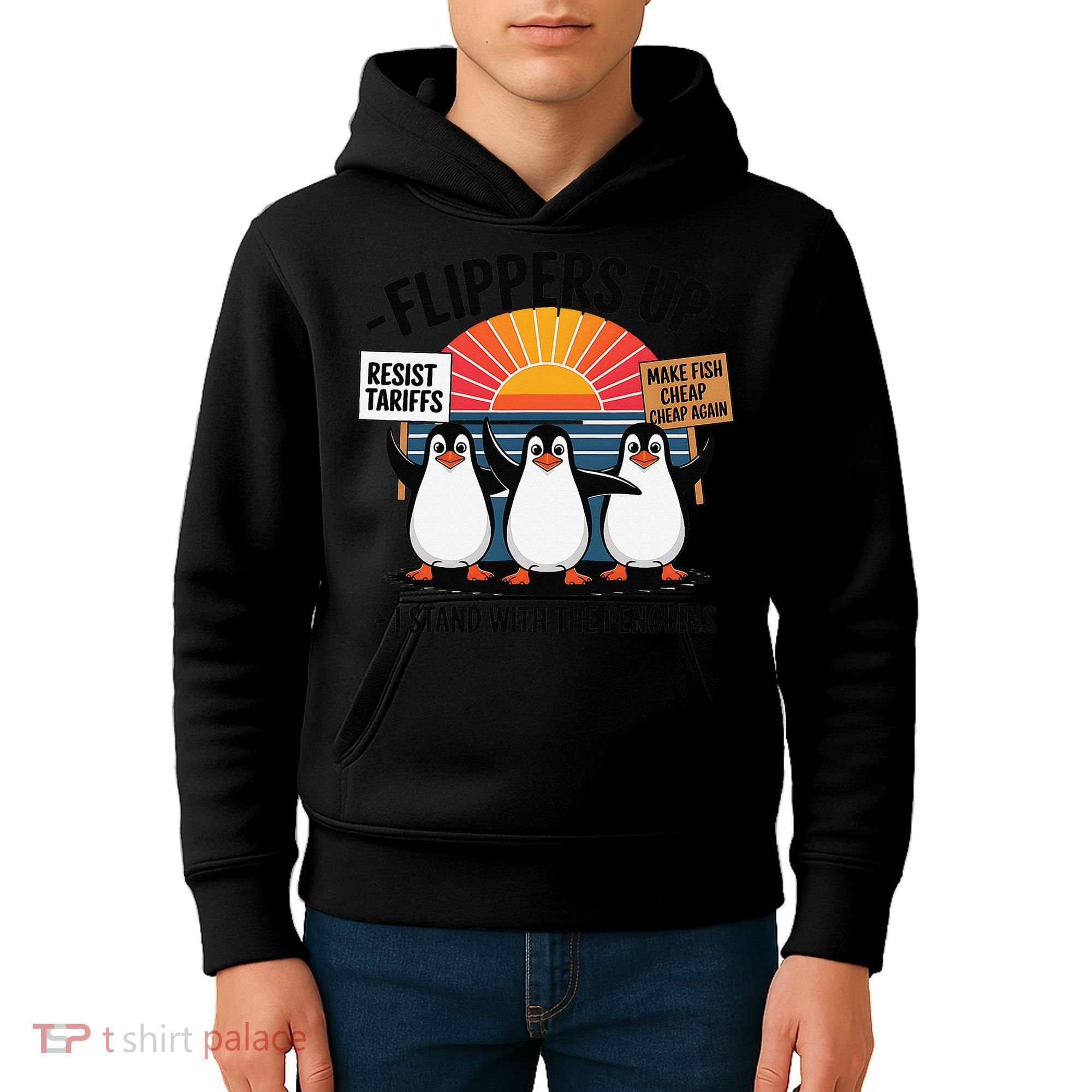 Flippers Up I Stand With Penguins Against Tariffs USA Kids Hoodie