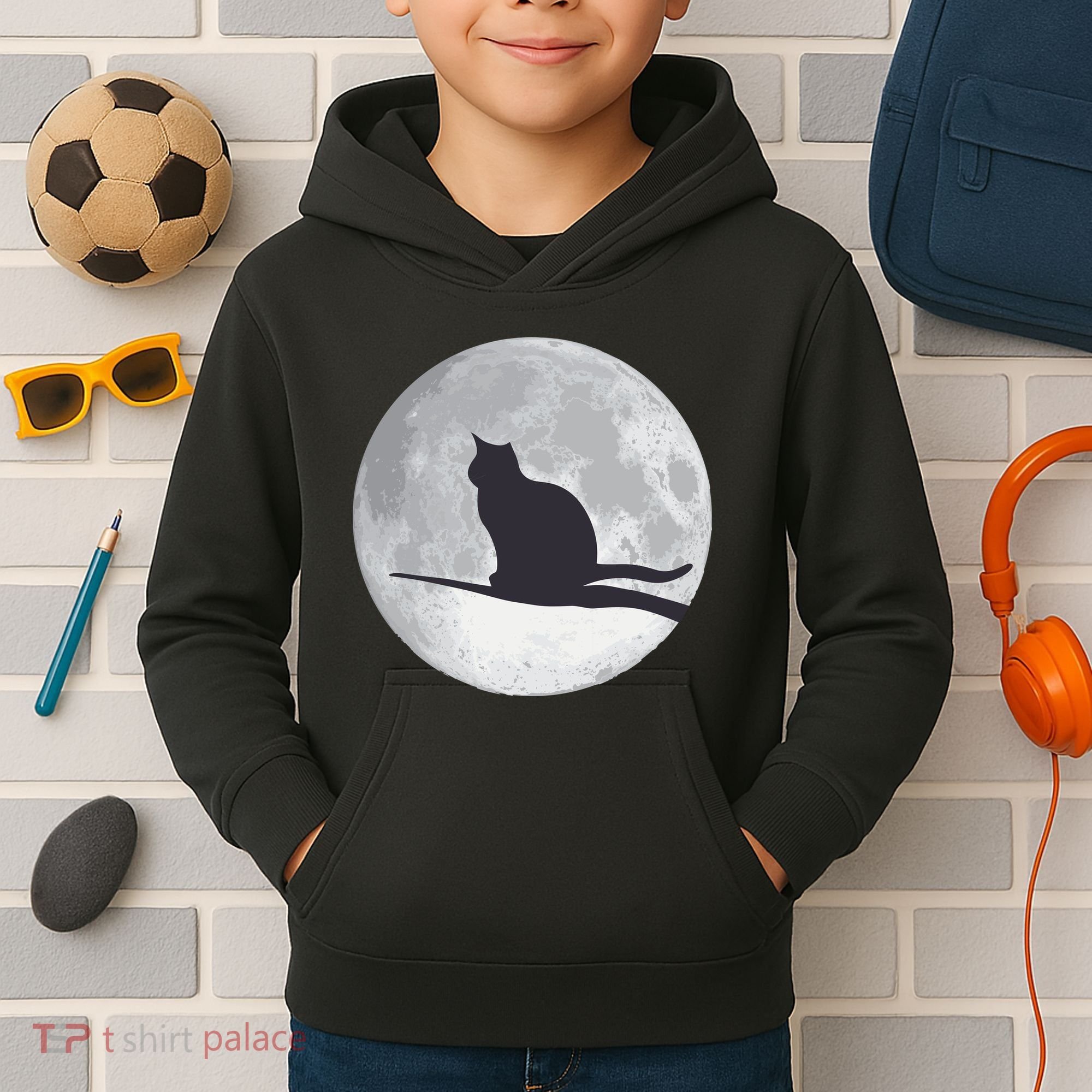 Full Moon Cat Silhouette Halloween Kids Hoodie