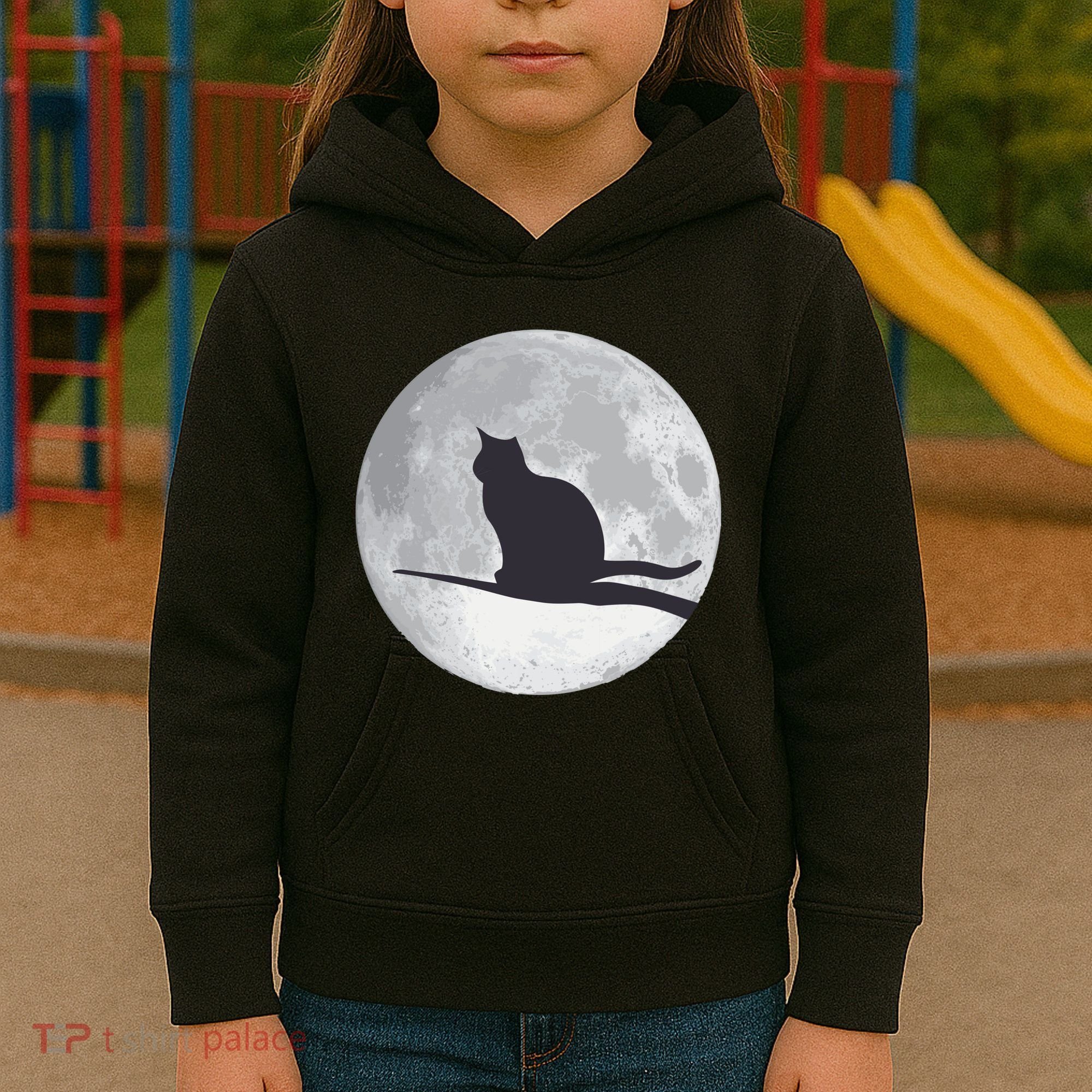 Full Moon Cat Silhouette Halloween Kids Hoodie