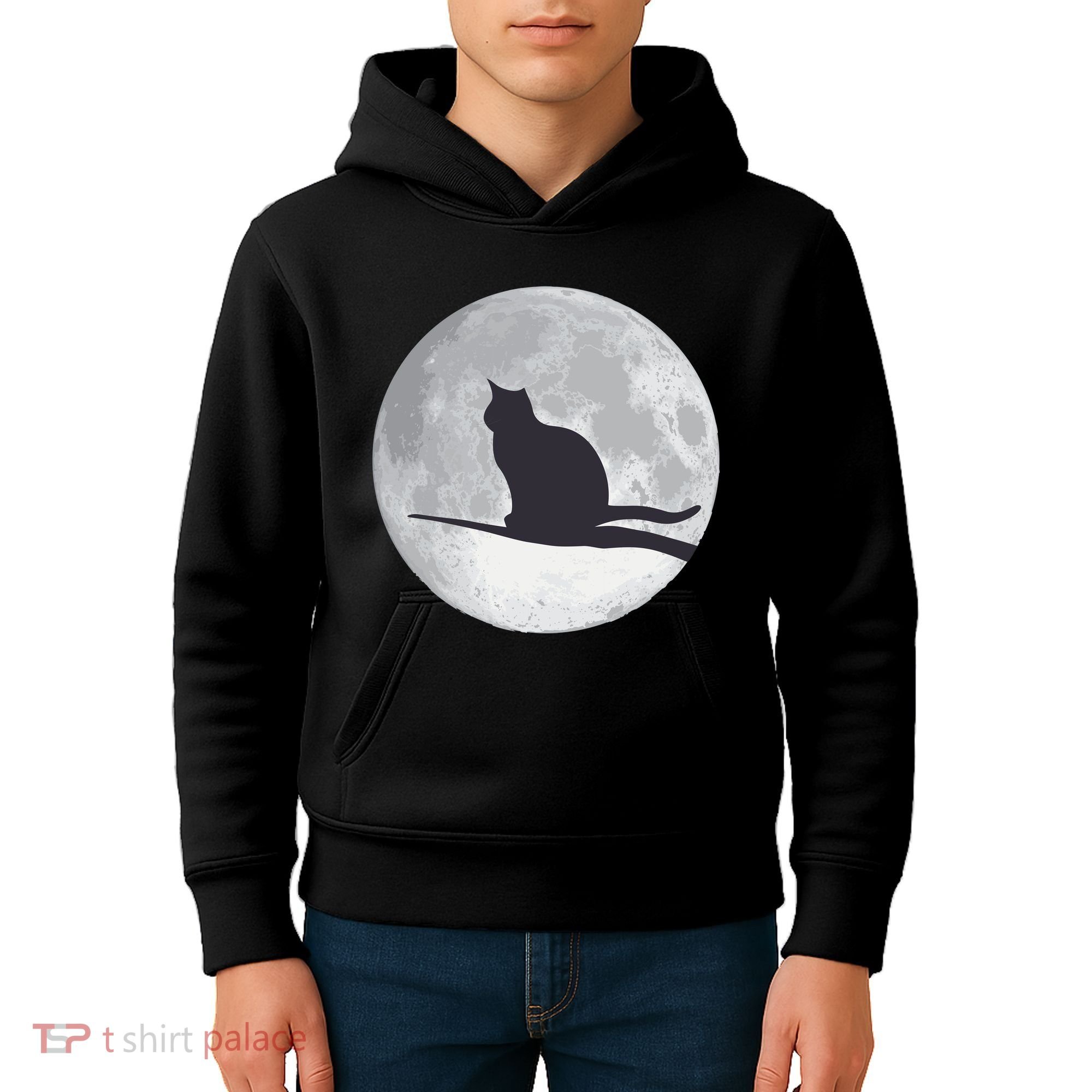 Full Moon Cat Silhouette Halloween Kids Hoodie