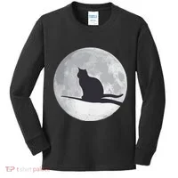 Full Moon Cat Silhouette Halloween Kids Long Sleeve Shirt thumb 0