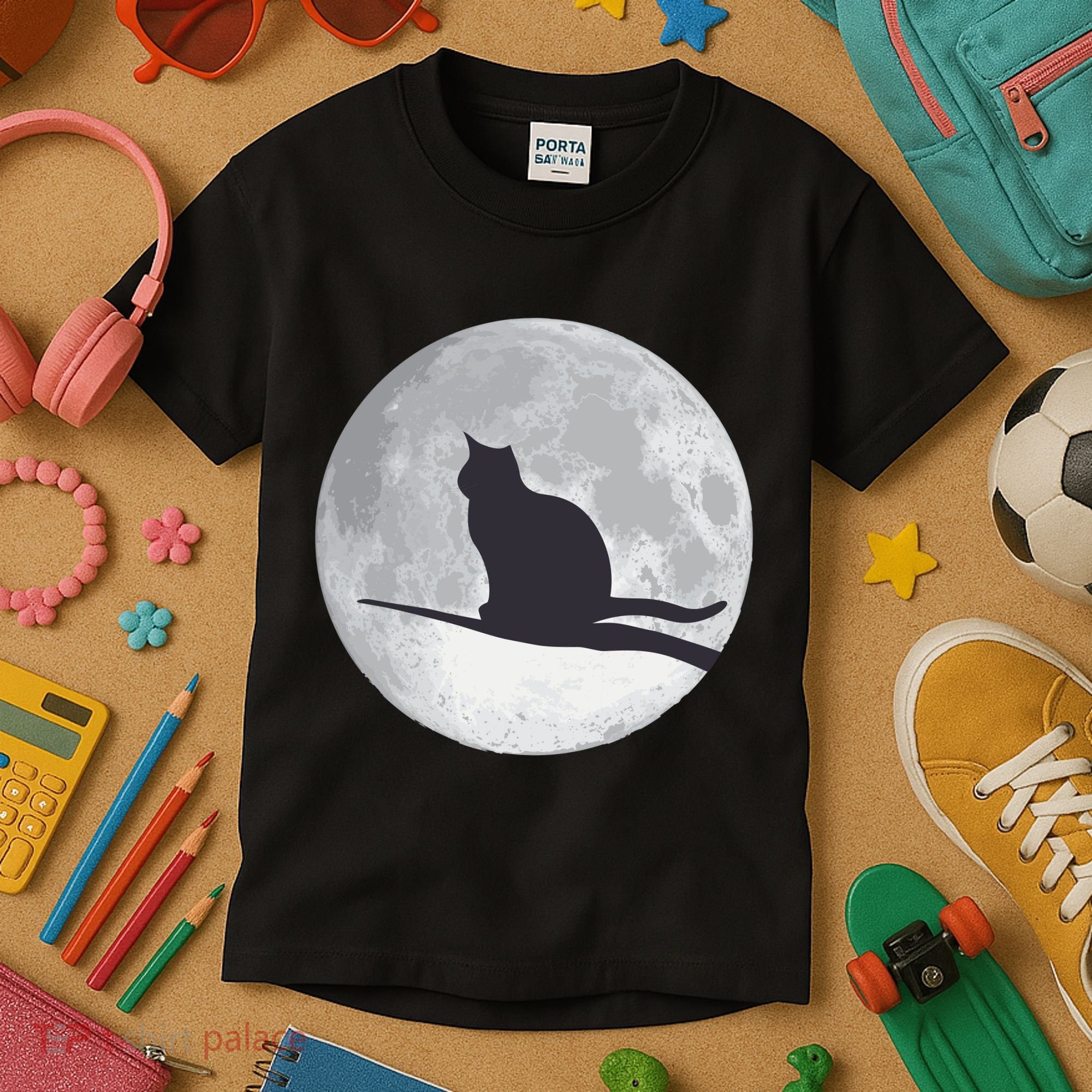Full Moon Cat Silhouette Halloween Kids T-Shirt