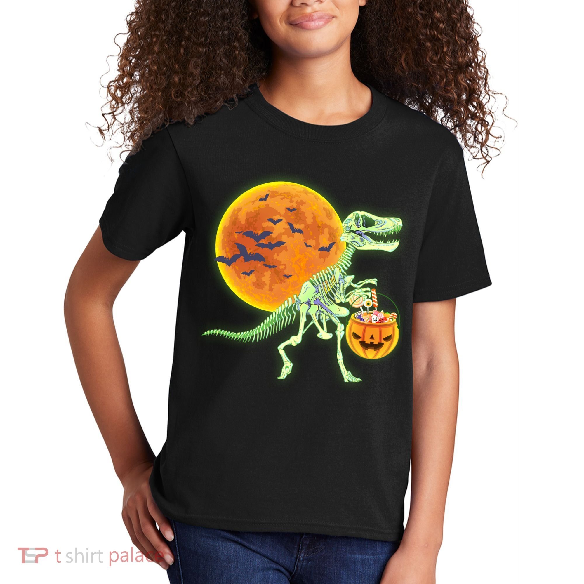 Full Moon T-Rex Dinosaur Skeleton Candy Kids T-Shirt