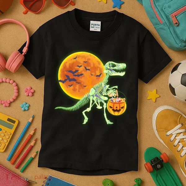 Full Moon T-Rex Dinosaur Skeleton Candy Kids T-Shirt