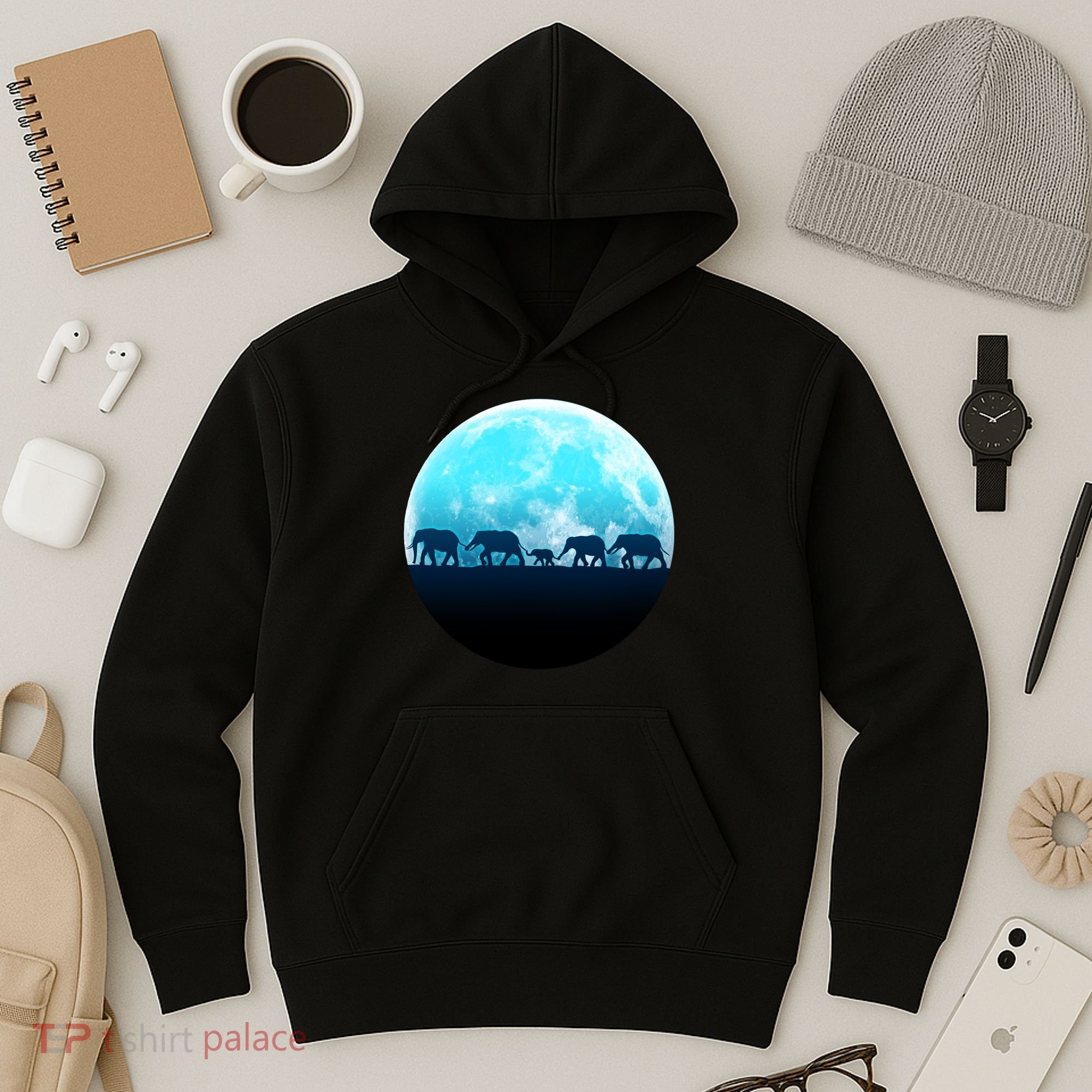 Full Moon With Elephant Family Hoodie