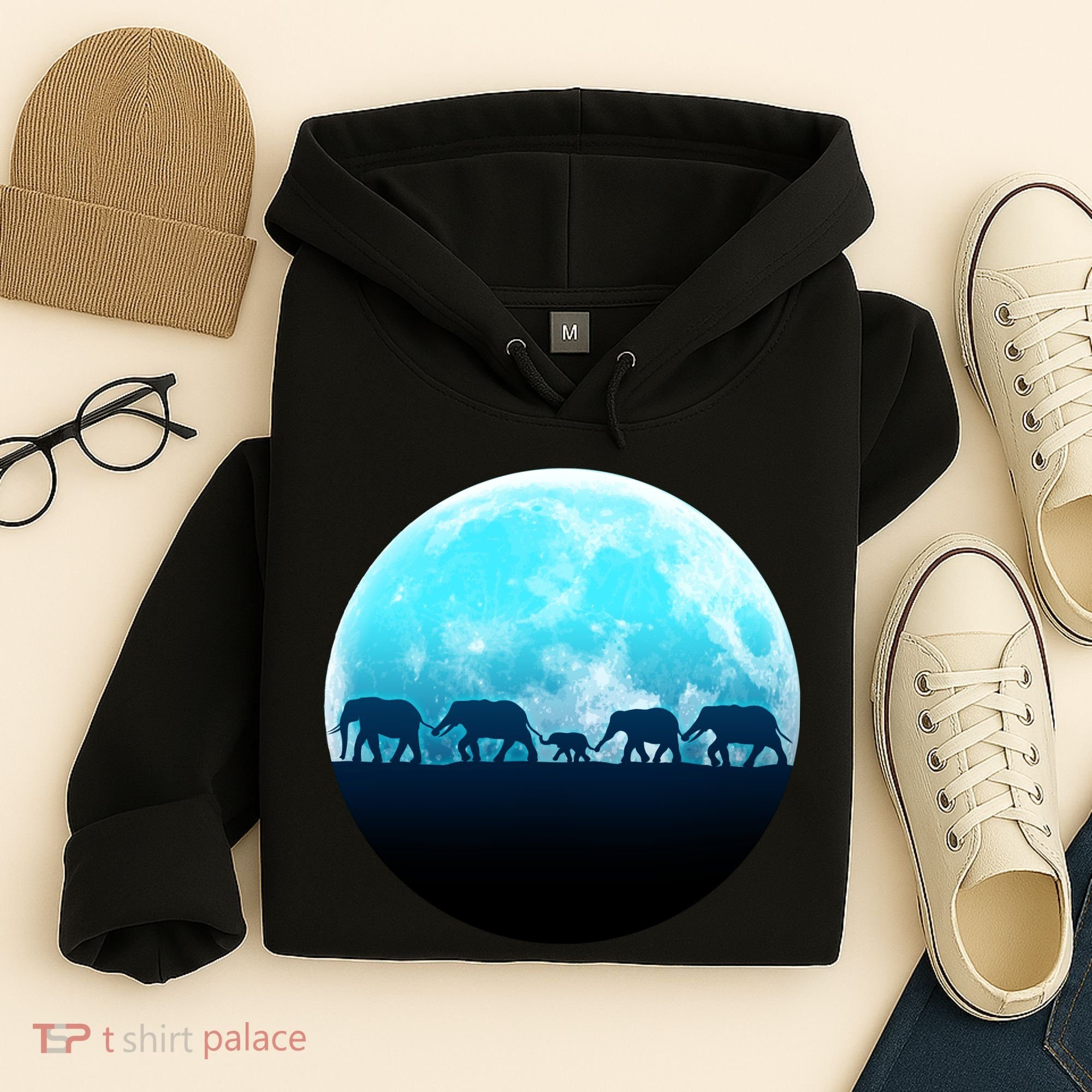 Full Moon With Elephant Family Hoodie