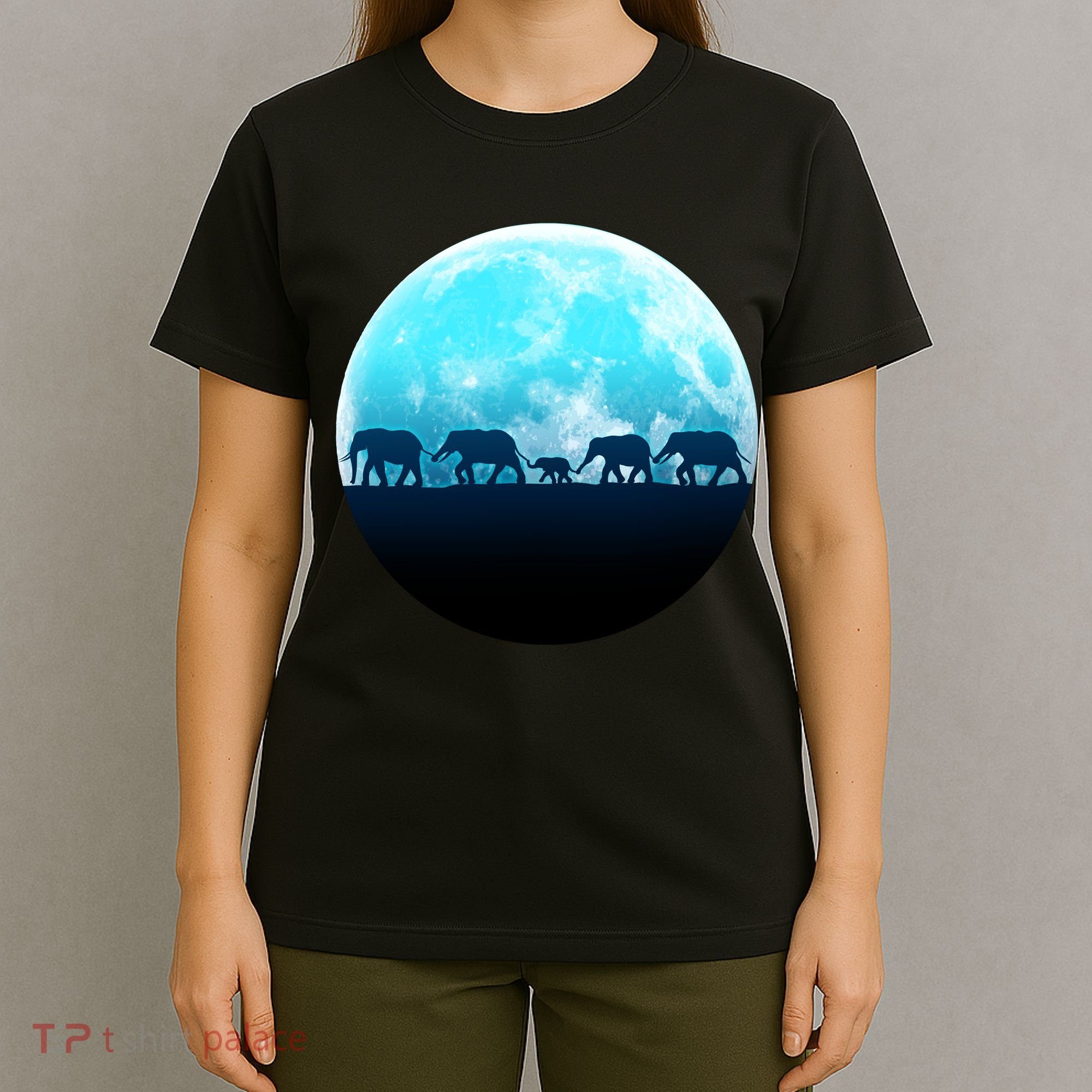 Full Moon With Elephant Family T-Shirt