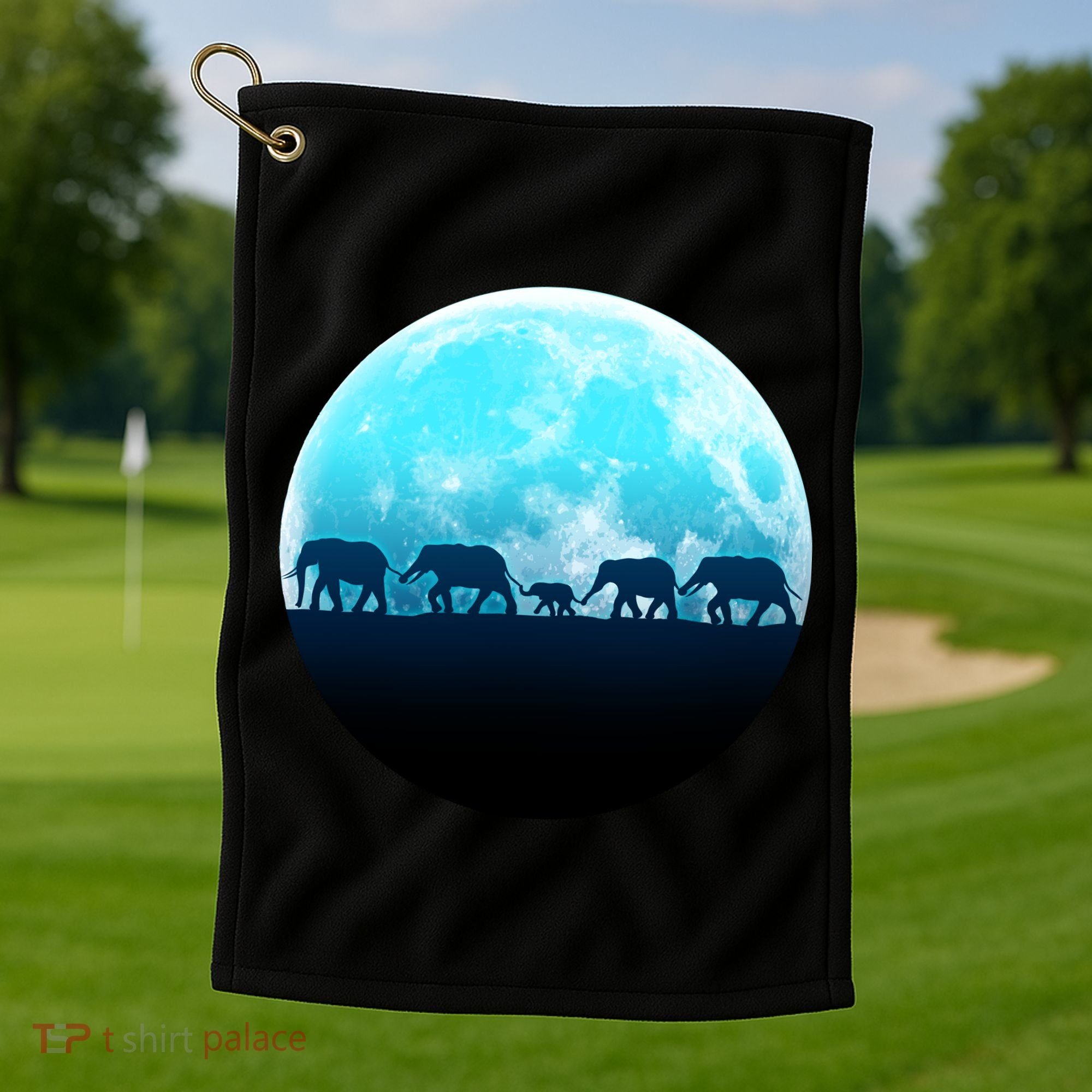 Full Moon With Elephant Family Golf Towel