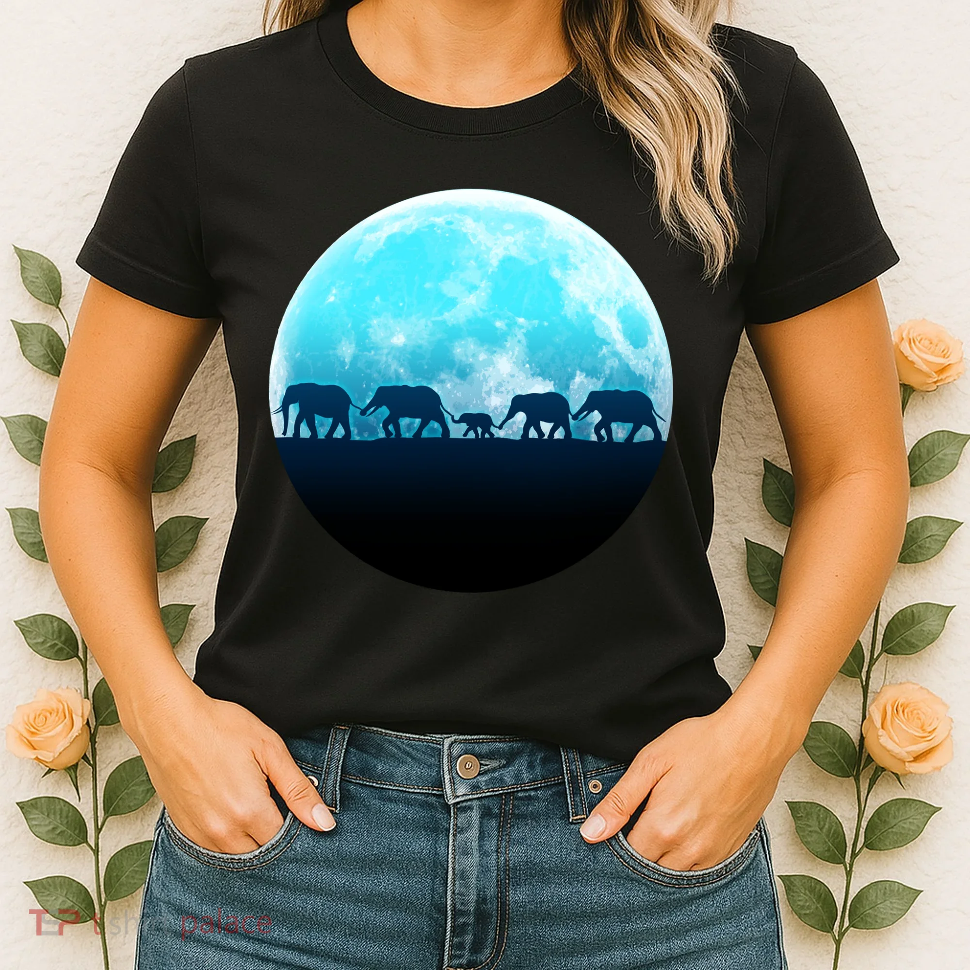 Full Moon With Elephant Family Women's T-Shirt