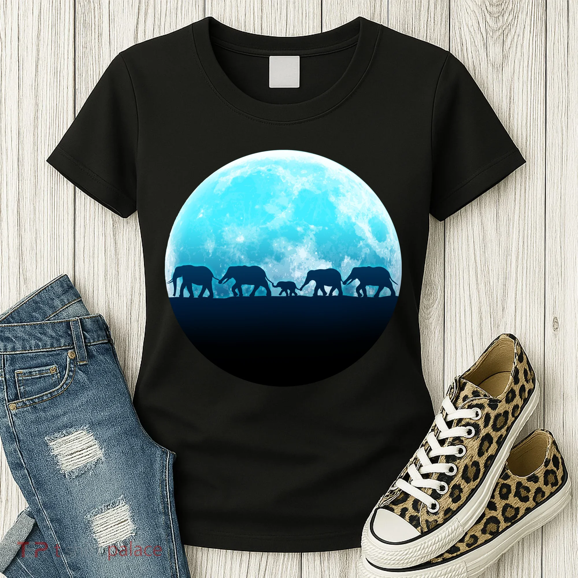 Full Moon With Elephant Family Women's T-Shirt