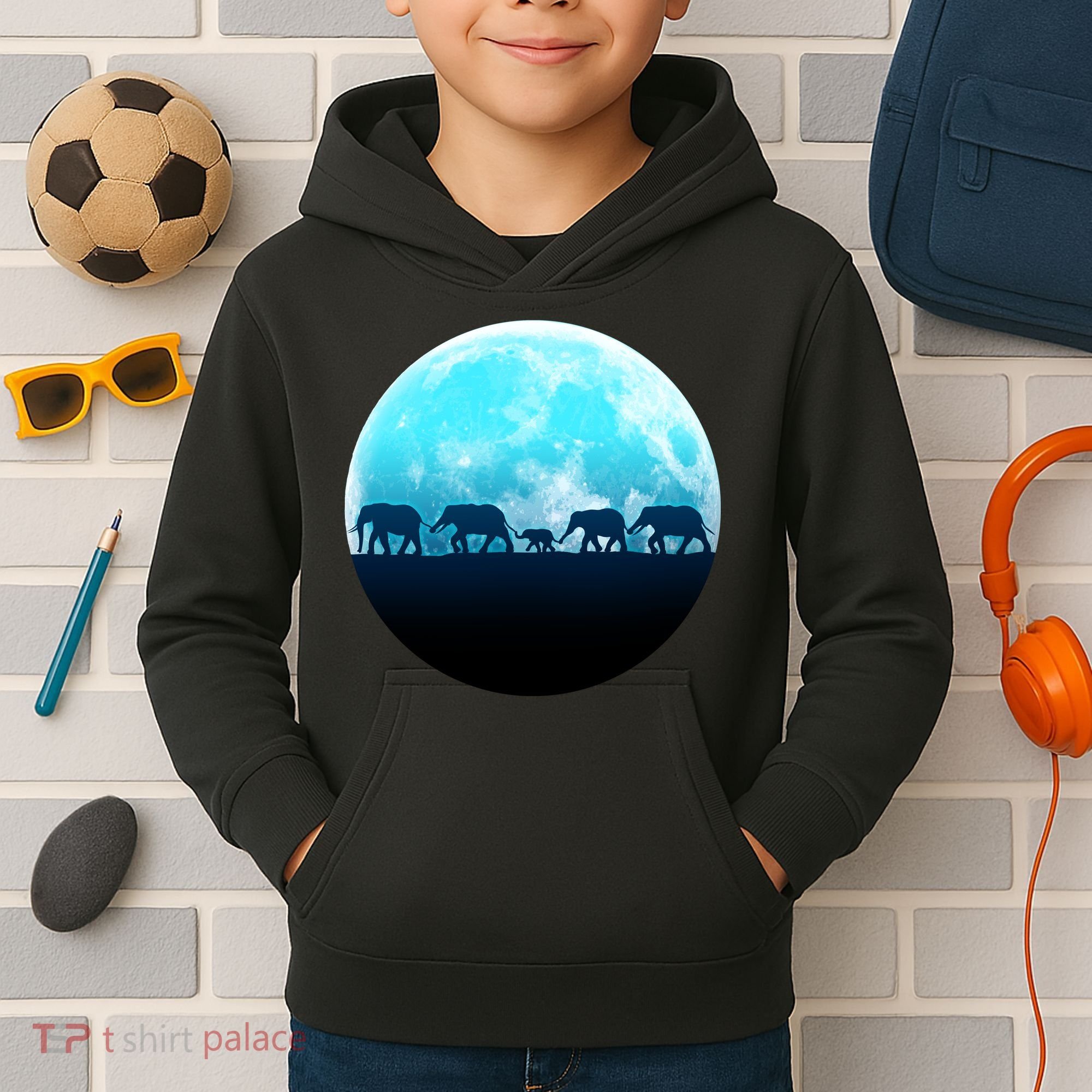 Full Moon With Elephant Family Kids Hoodie