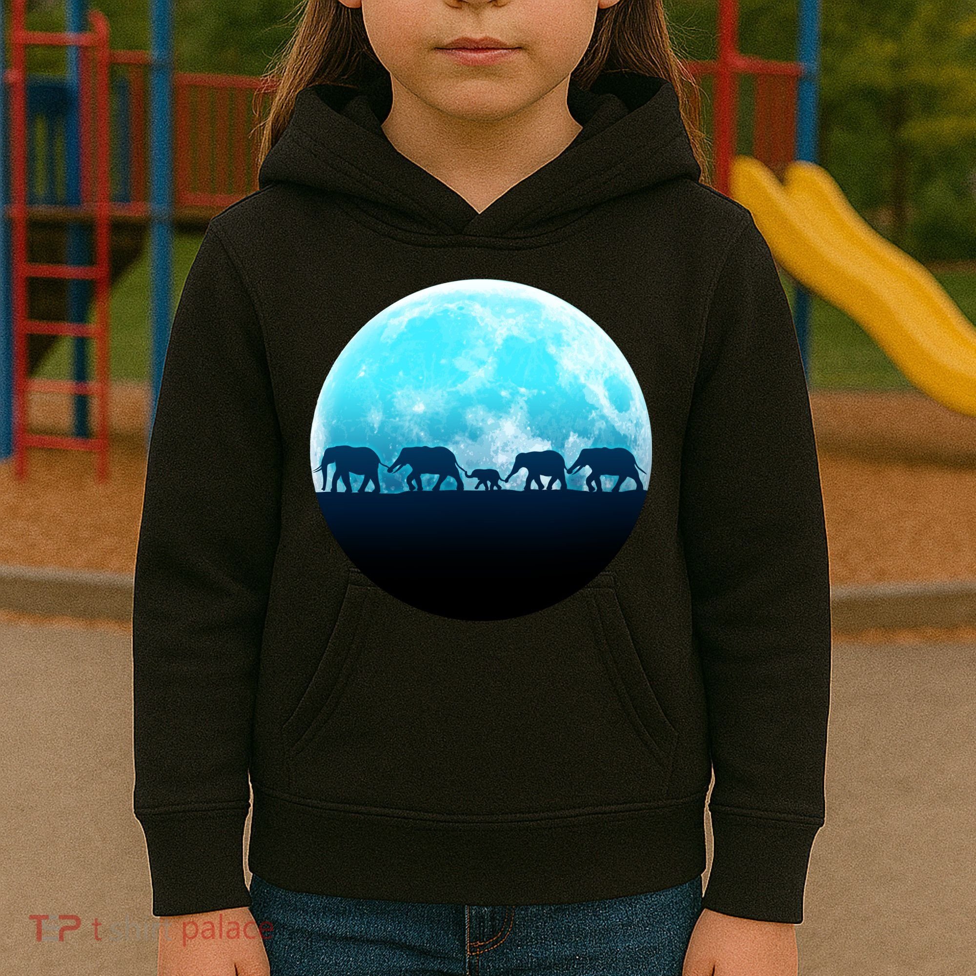 Full Moon With Elephant Family Kids Hoodie