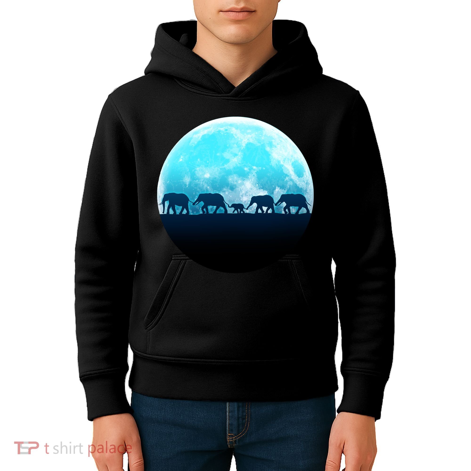 Full Moon With Elephant Family Kids Hoodie