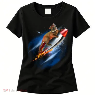 Funny Astronaut Cat Blasting Off In Space Women's T-Shirt