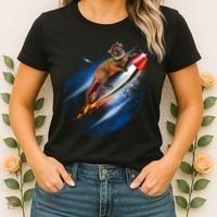 Funny Astronaut Cat Blasting Off In Space Women's T-Shirt thumb 2