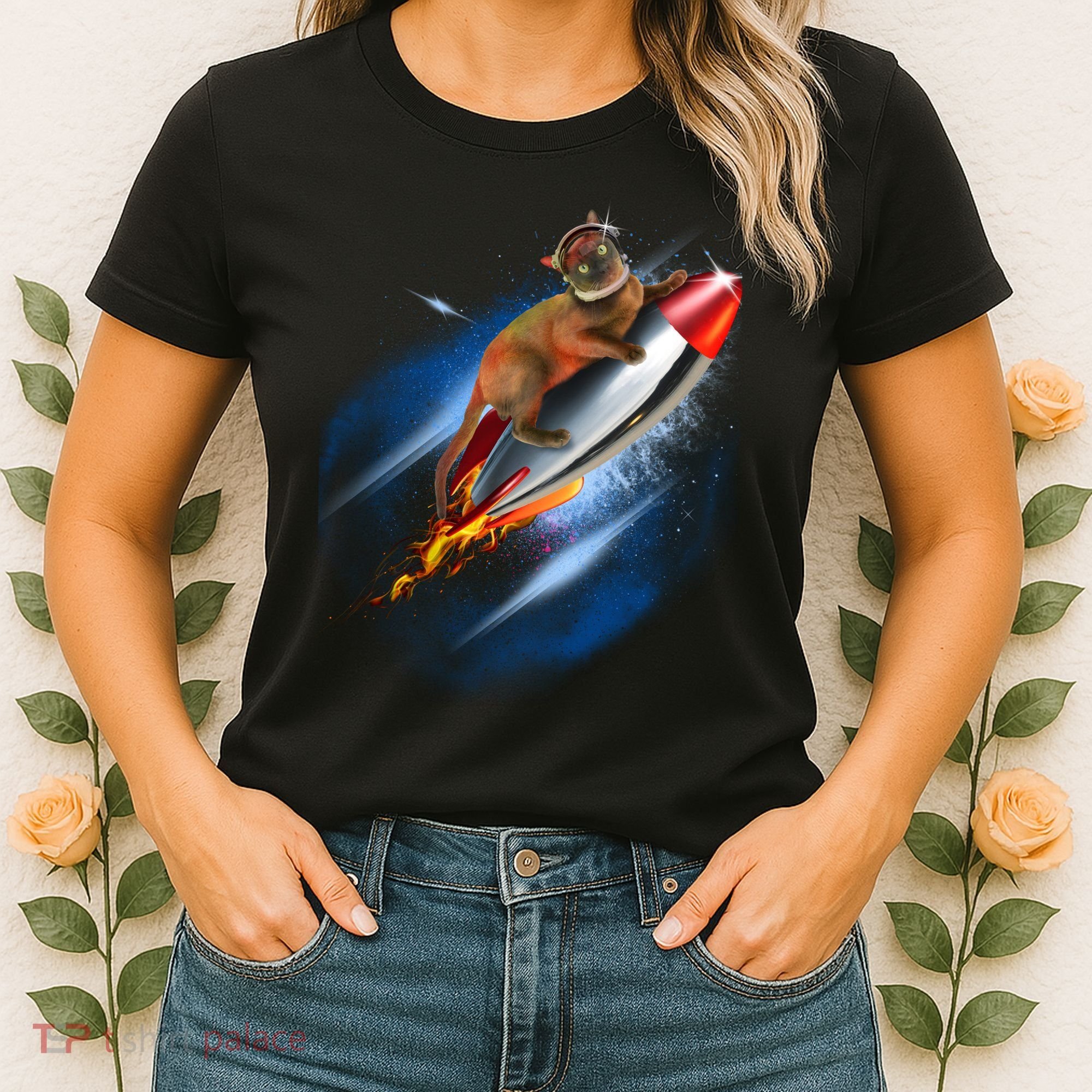 Funny Astronaut Cat Blasting Off In Space Women's T-Shirt