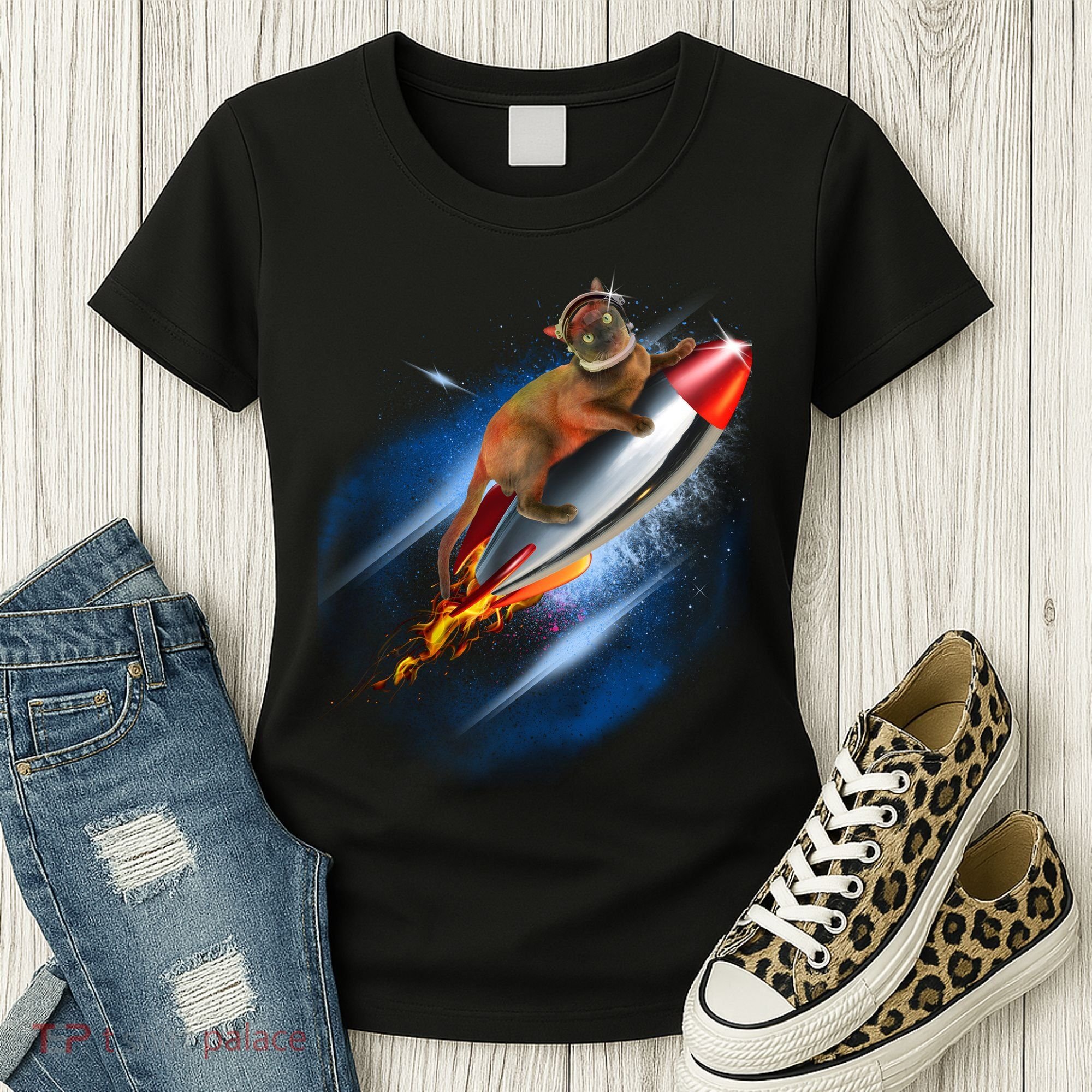 Funny Astronaut Cat Blasting Off In Space Women's T-Shirt