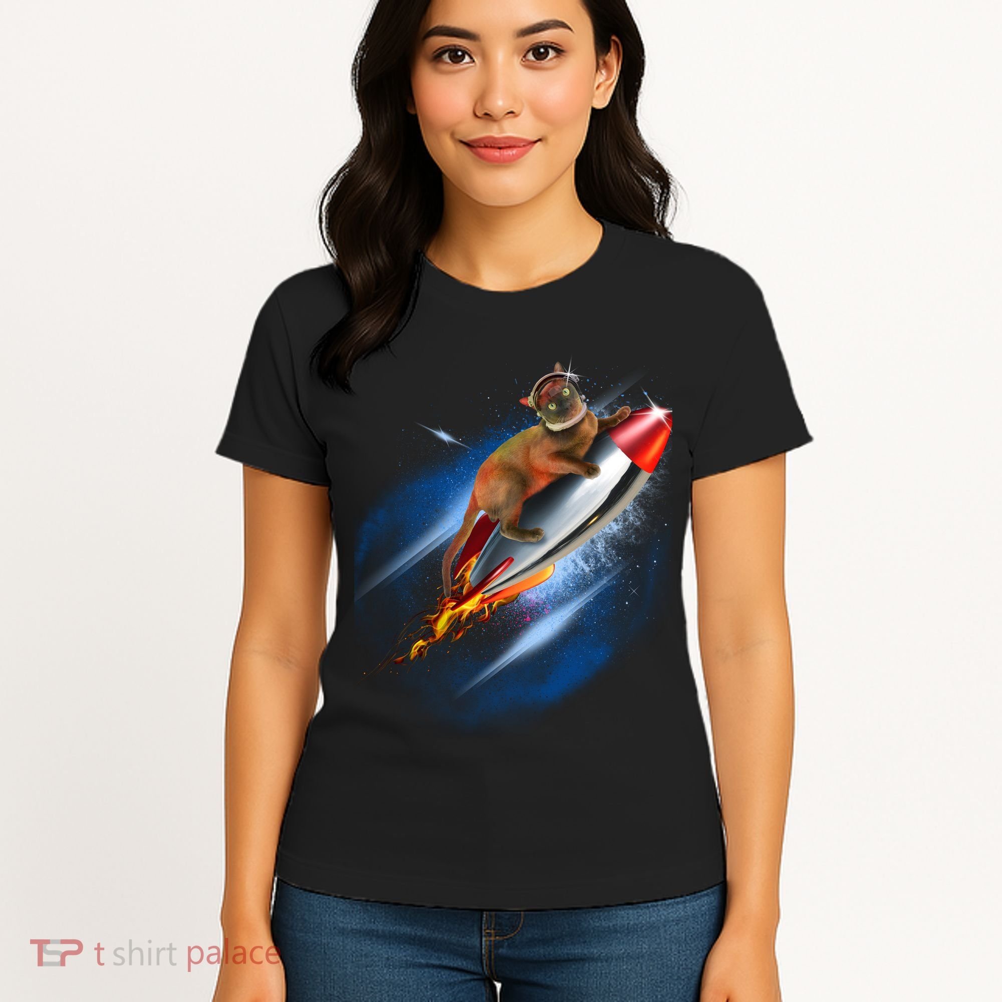 Funny Astronaut Cat Blasting Off In Space Women's T-Shirt