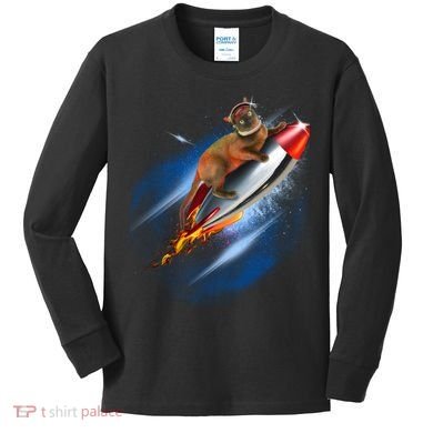Funny Astronaut Cat Blasting Off In Space Kids Long Sleeve Shirt