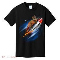 Funny Astronaut Cat Blasting Off In Space Kids T-Shirt thumb 0