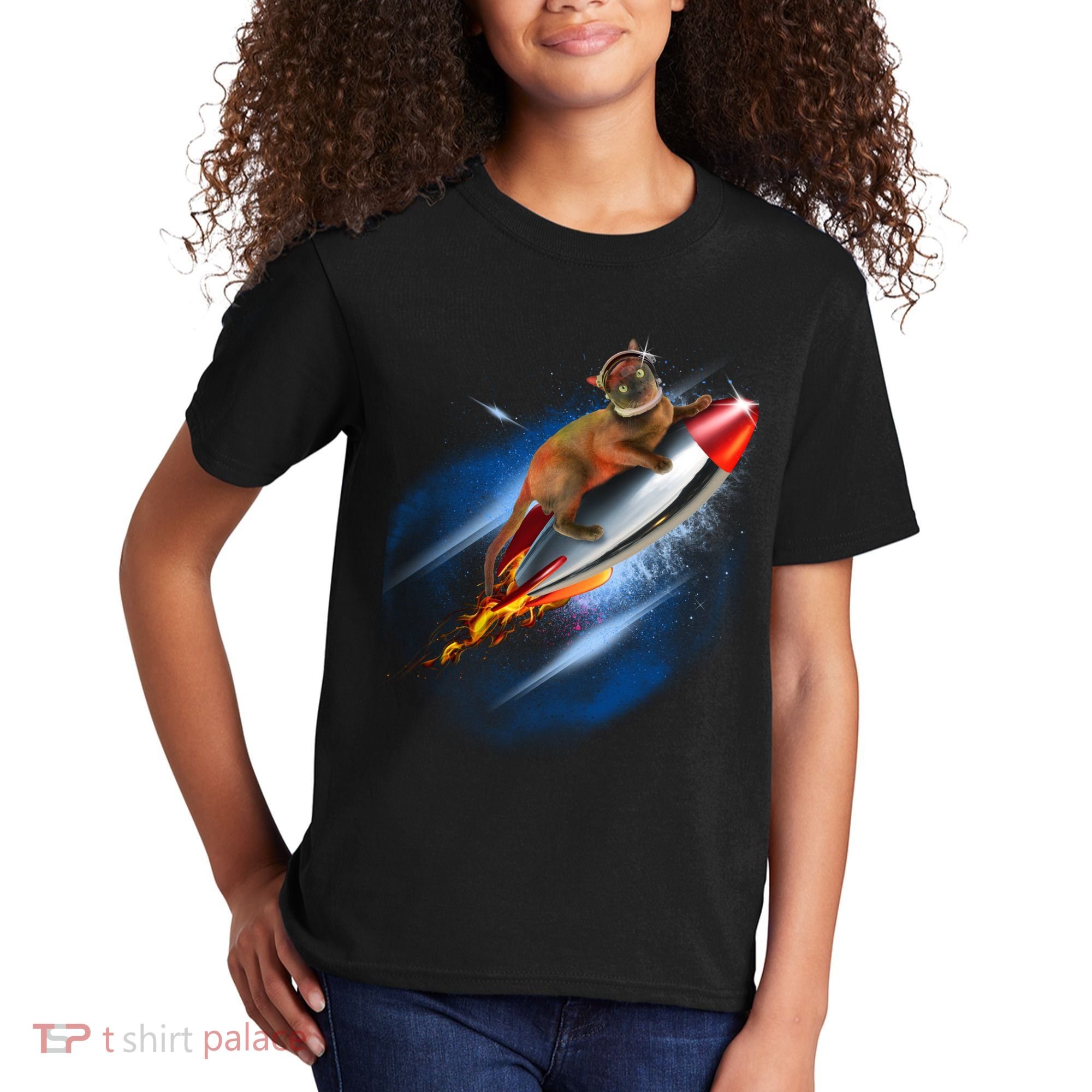 Funny Astronaut Cat Blasting Off In Space Kids T-Shirt