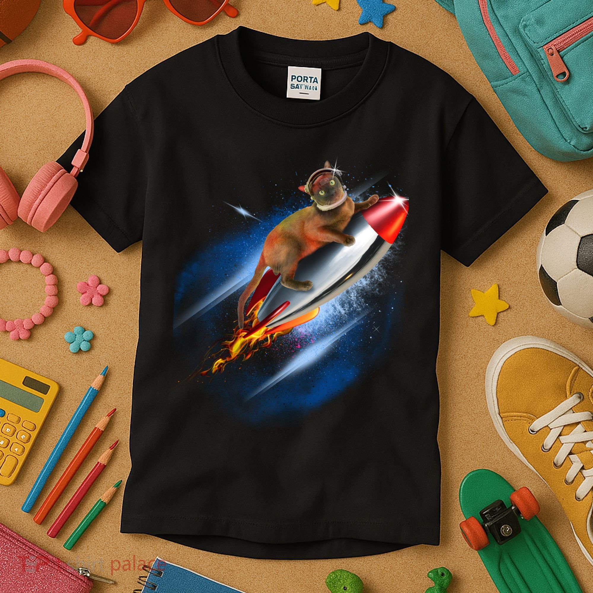 Funny Astronaut Cat Blasting Off In Space Kids T-Shirt