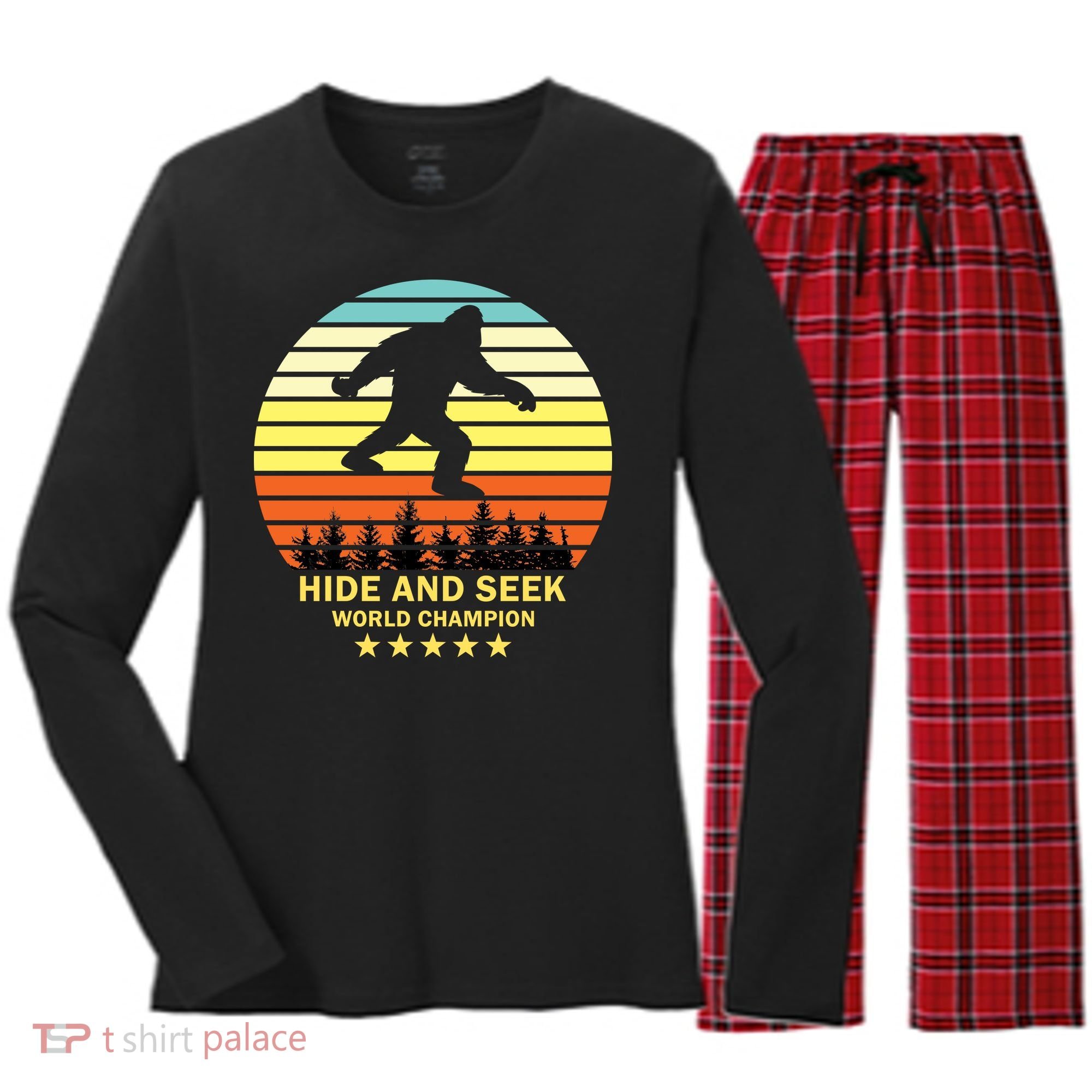 Funny Bigfoot Hide And Seek World Champion Women's Long Sleeve Flannel Pajama Set 