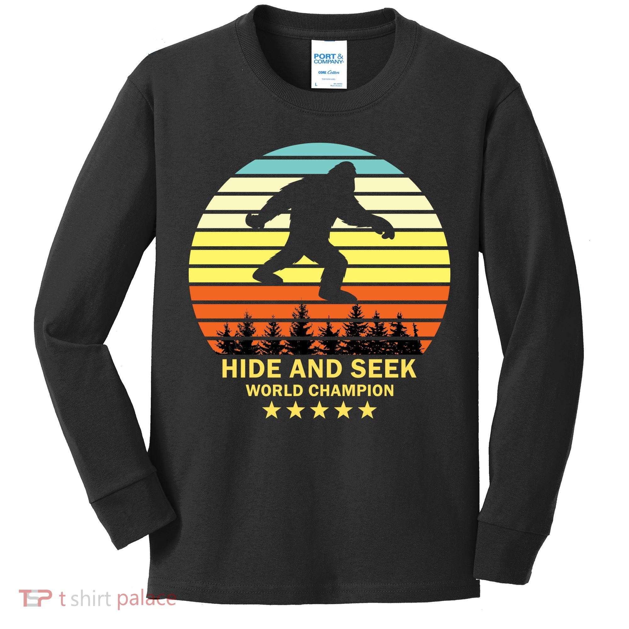 Funny Bigfoot Hide And Seek World Champion Kids Long Sleeve Shirt