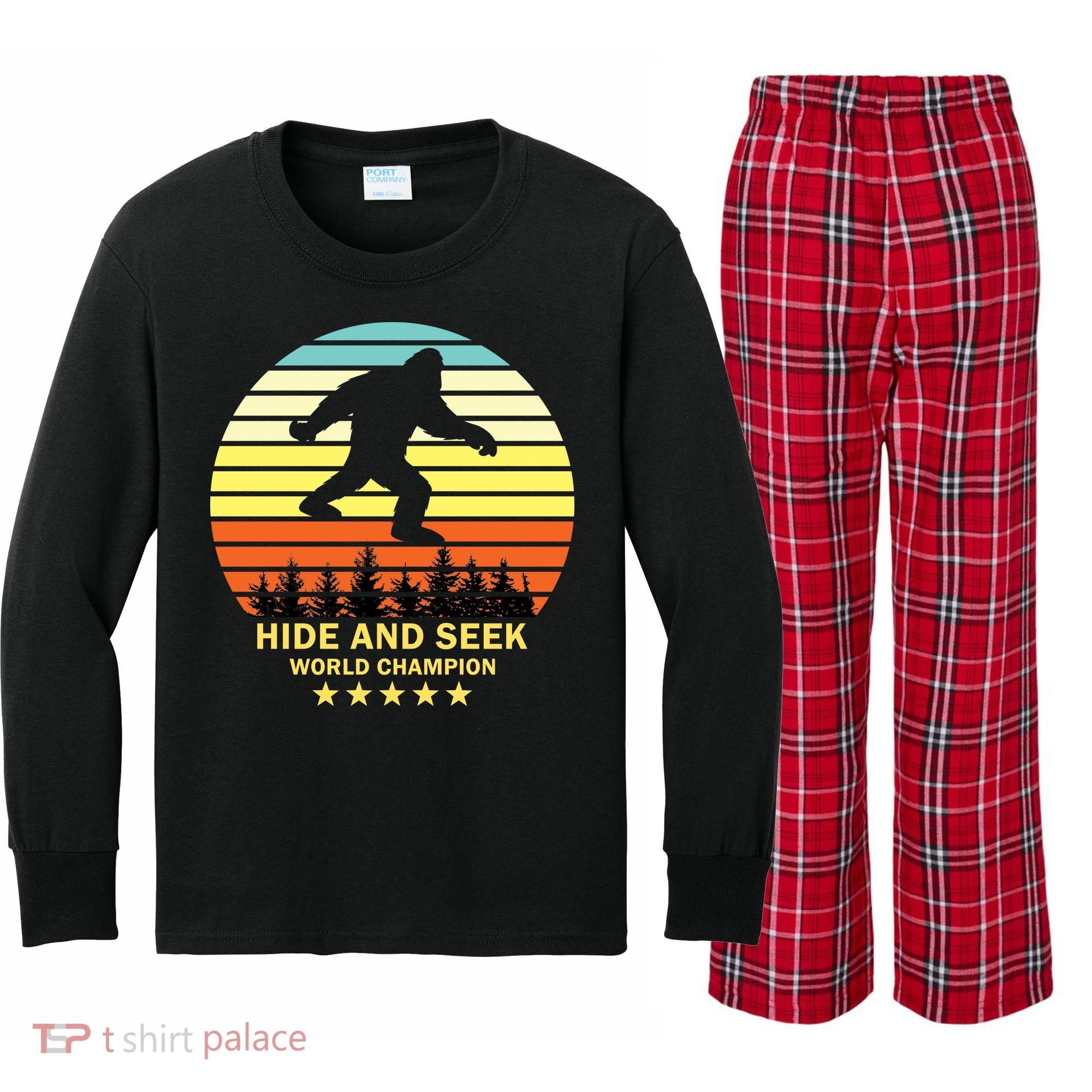 Funny Bigfoot Hide And Seek World Champion Kids Long Sleeve Plaid Pajama Set
