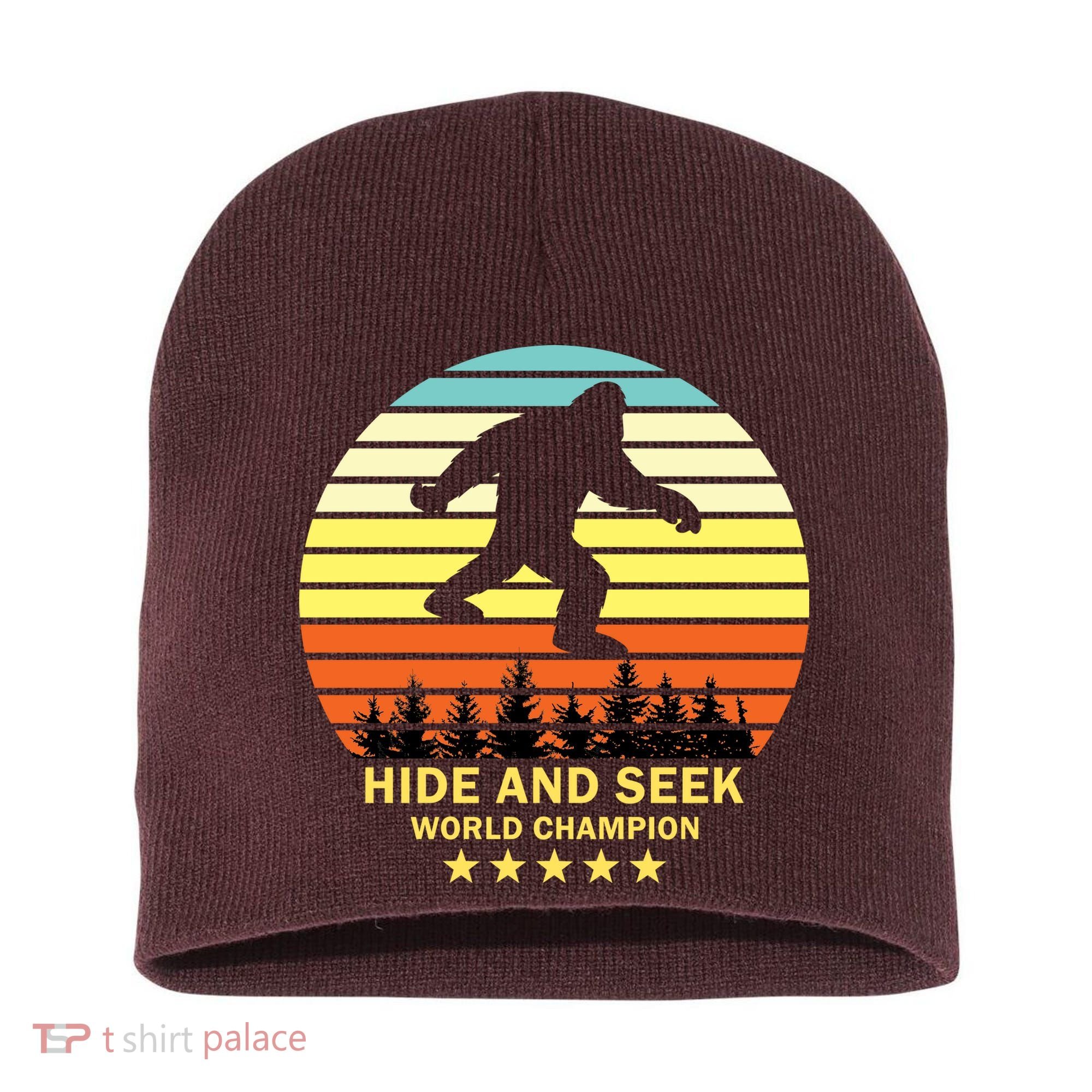 Funny Bigfoot Hide And Seek World Champion Short Acrylic Beanie