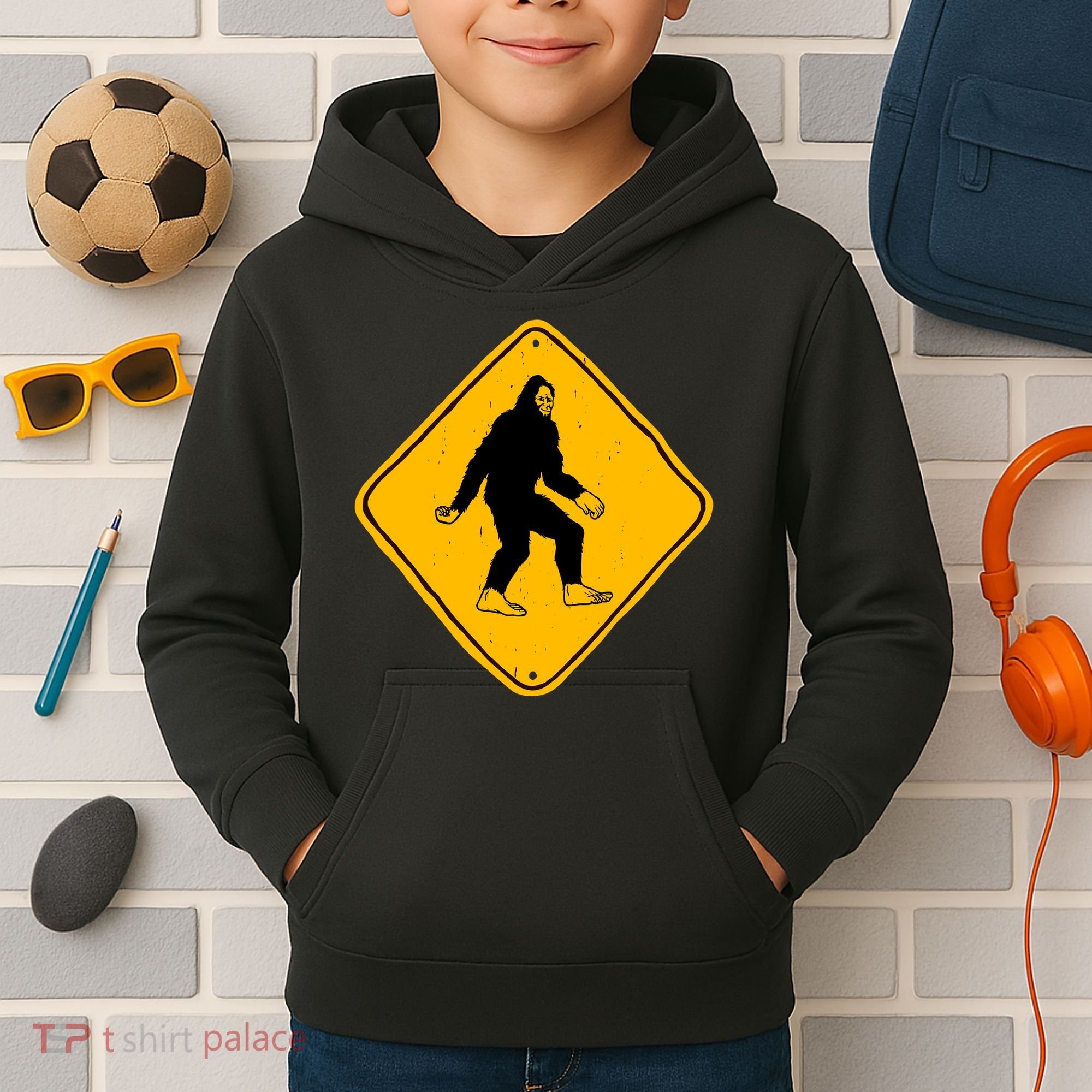 Funny Bigfoot Road Sign Kids Hoodie