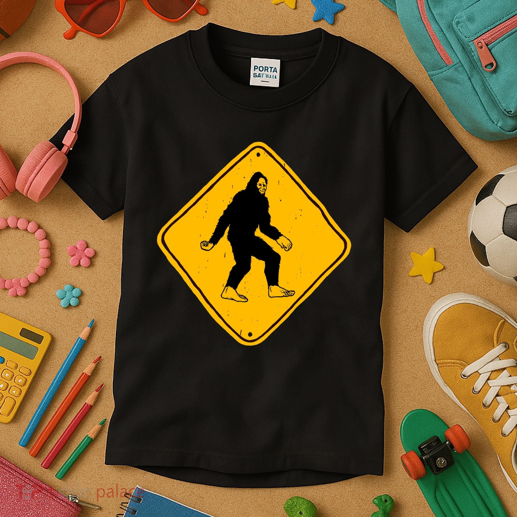 Funny Bigfoot Road Sign Kids T-Shirt