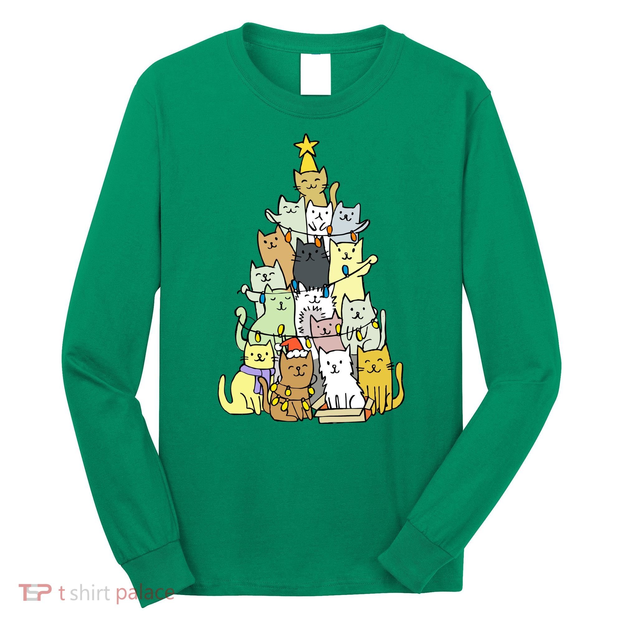 Funny Cat Christmas Tree Long Sleeve Shirt
