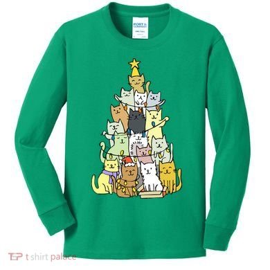 Funny Cat Christmas Tree Kids Long Sleeve Shirt