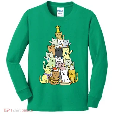 Funny Cat Christmas Tree Kids Long Sleeve Shirt