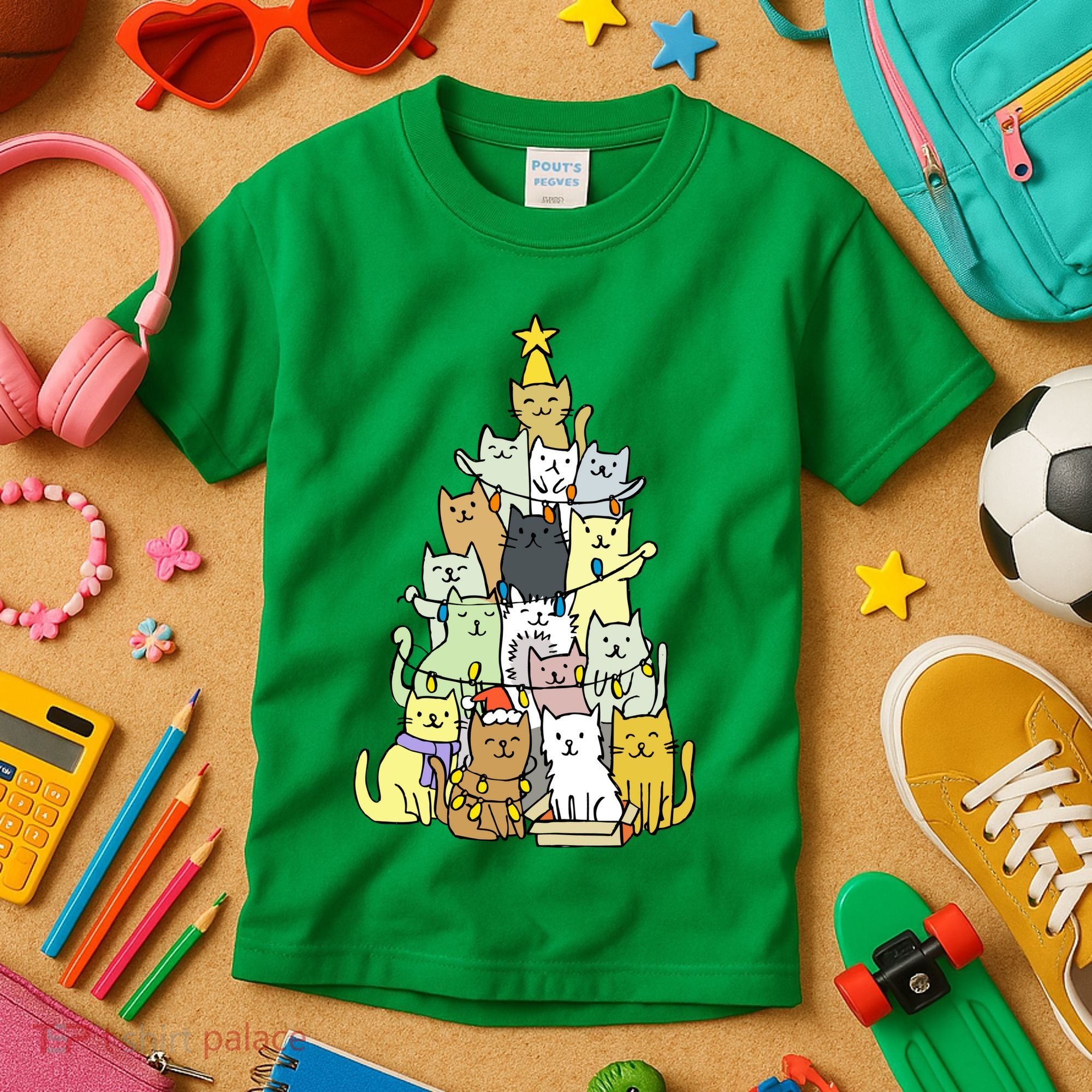 Funny Cat Christmas Tree Kids T-Shirt