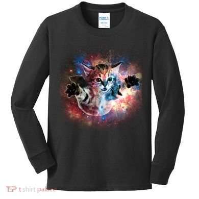 Funny Cat Floating In Space Kids Long Sleeve Shirt