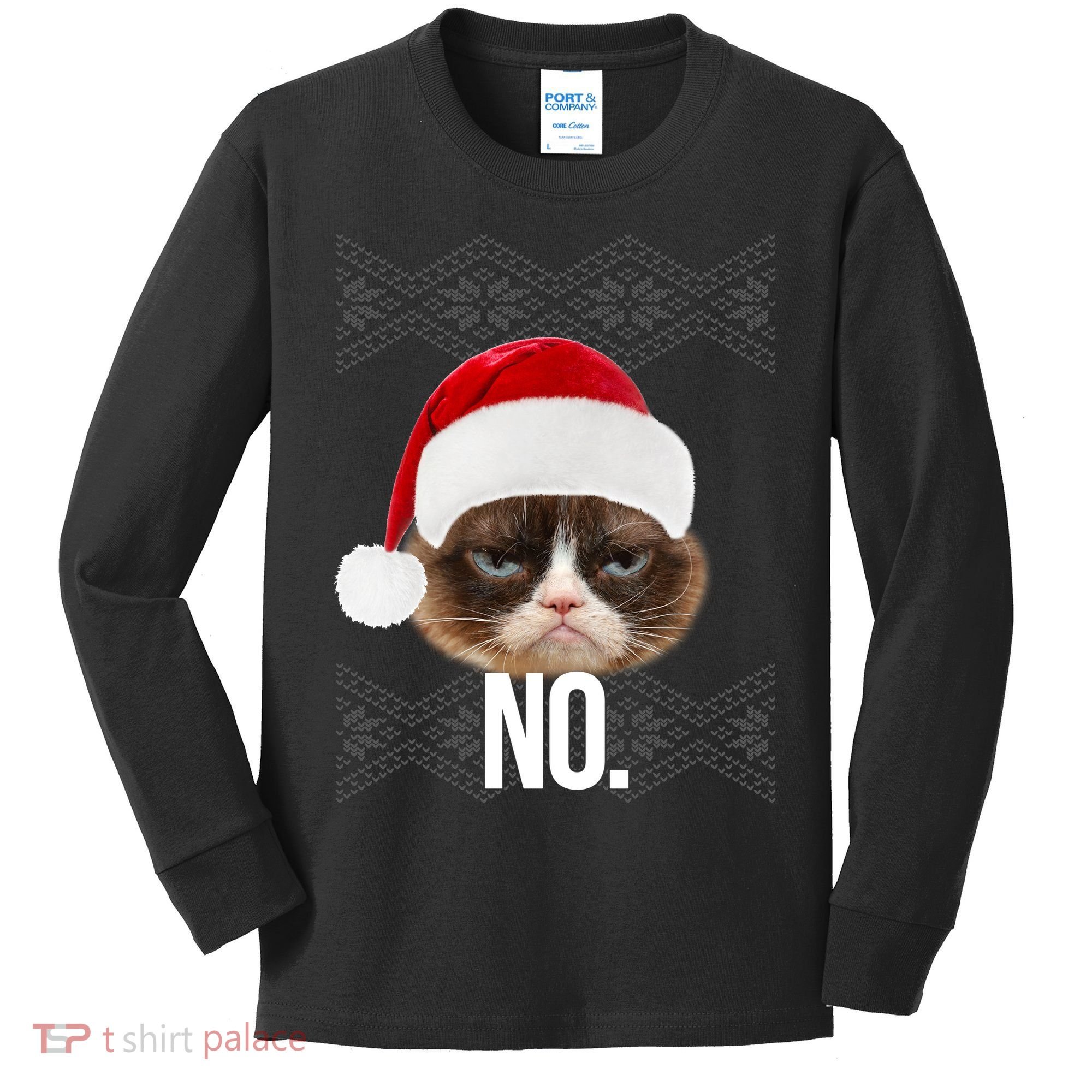 Funny Cat NO Meme Ugly Christmas Sweater Kids Long Sleeve Shirt