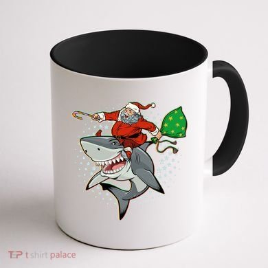 Funny Christmas Santa Riding Shark Coffee Mug back