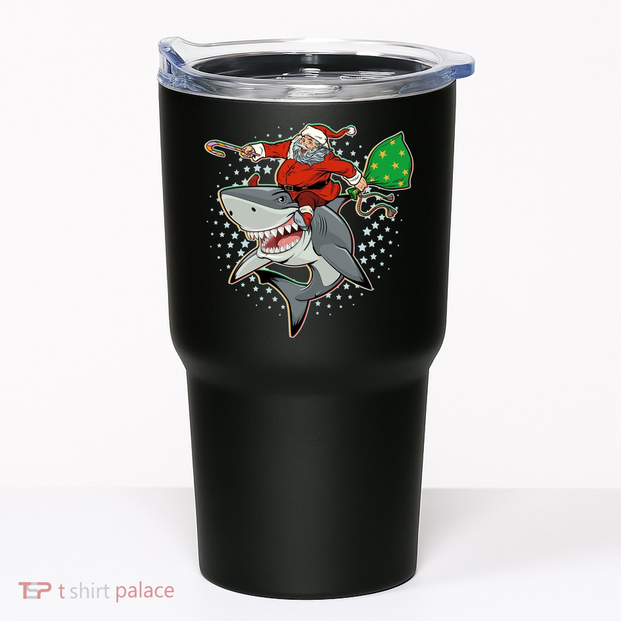 Funny Christmas Santa Riding Shark Tumbler