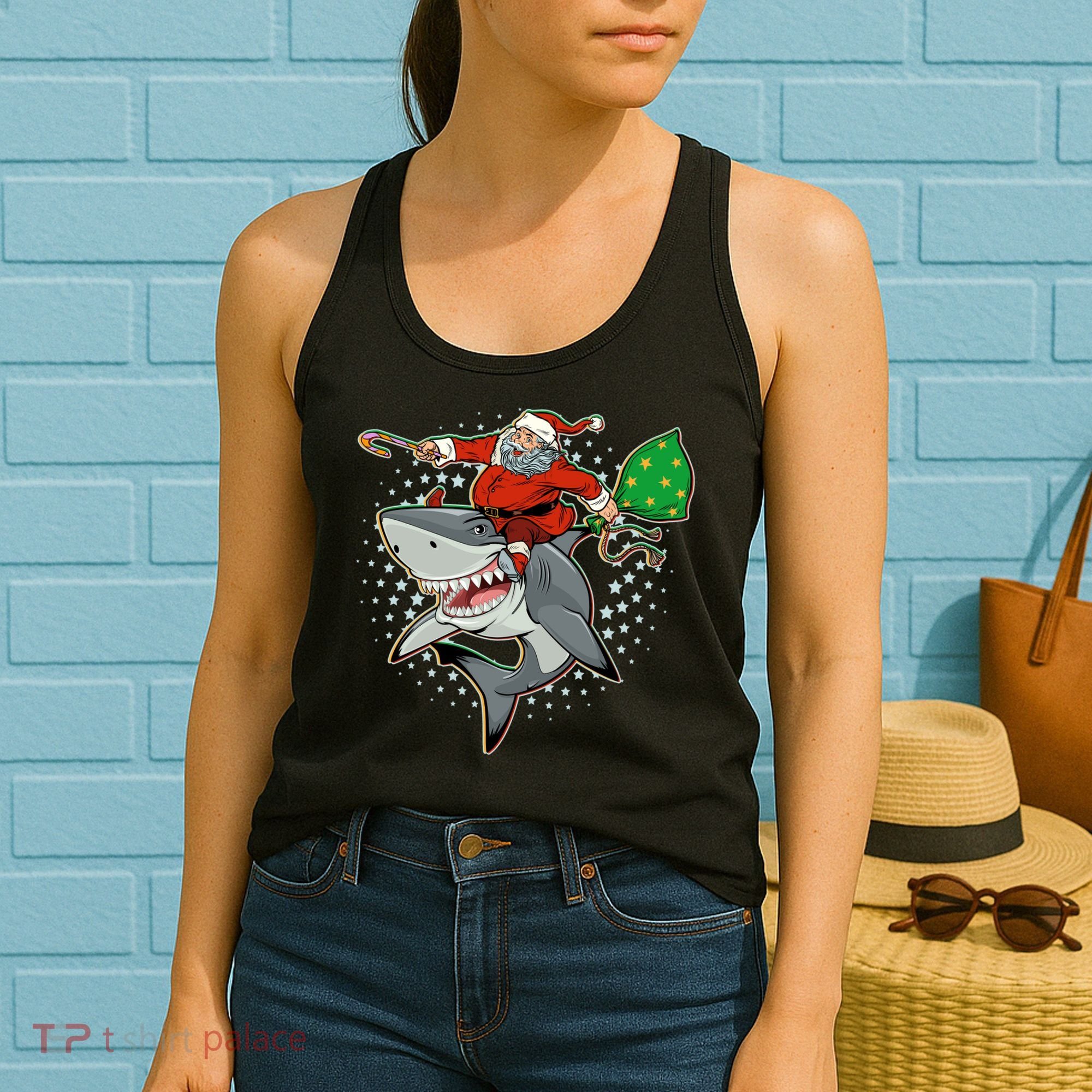 Funny Christmas Santa Riding Shark Women's Tank Top
