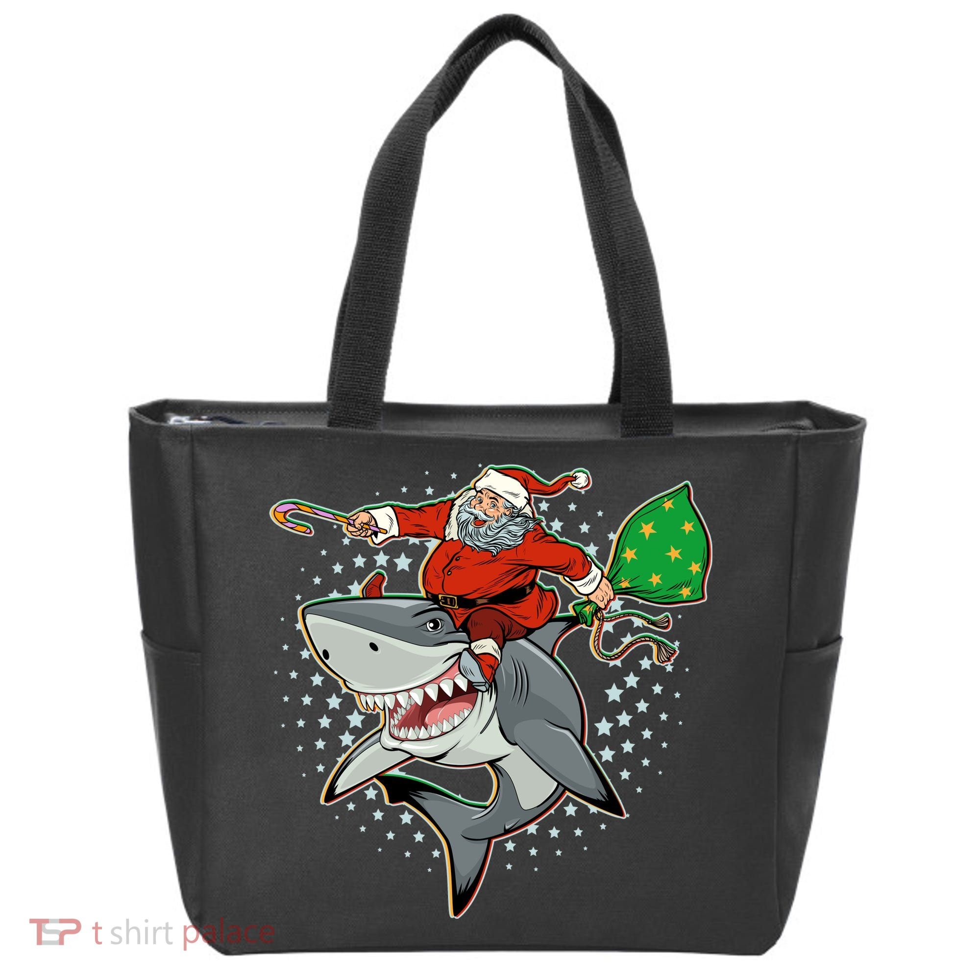 Funny Christmas Santa Riding Shark Tote Bag