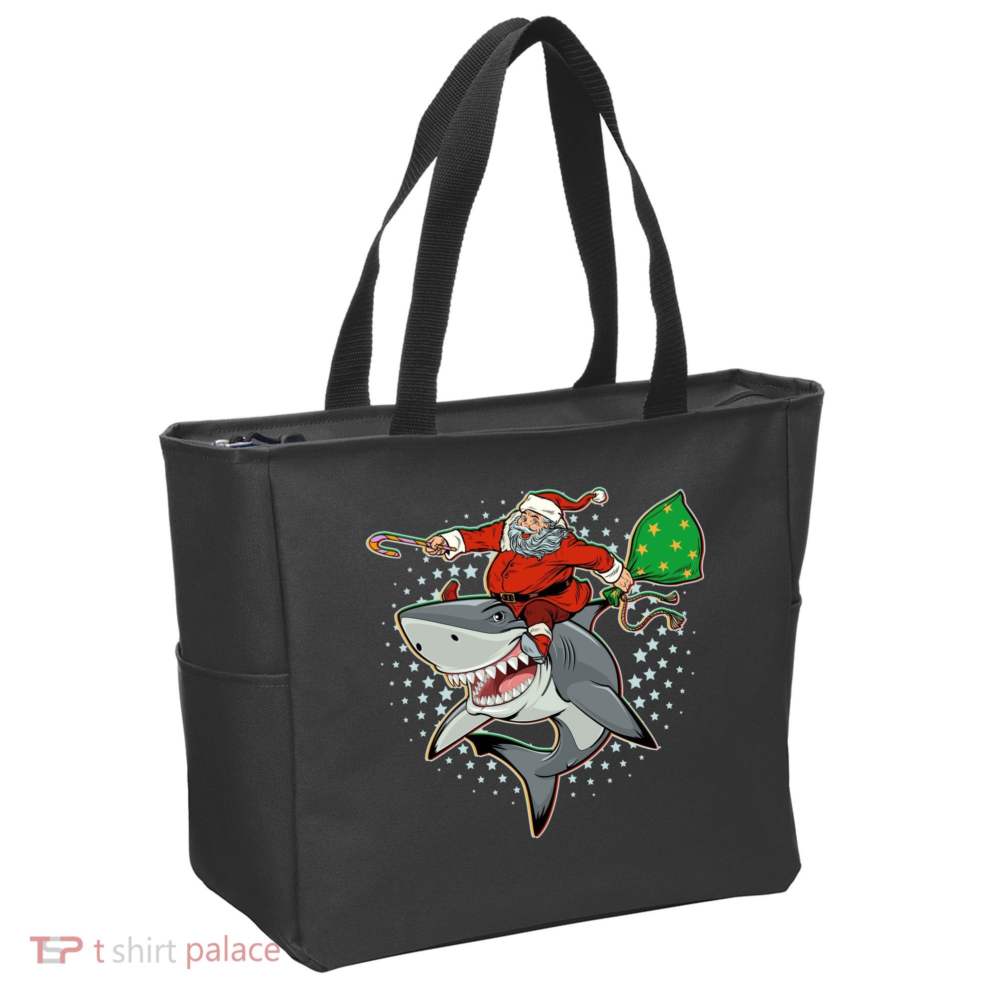 Funny Christmas Santa Riding Shark Tote Bag