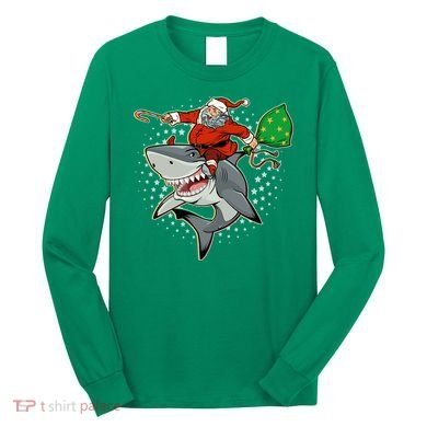Funny Christmas Santa Riding Shark Long Sleeve Shirt