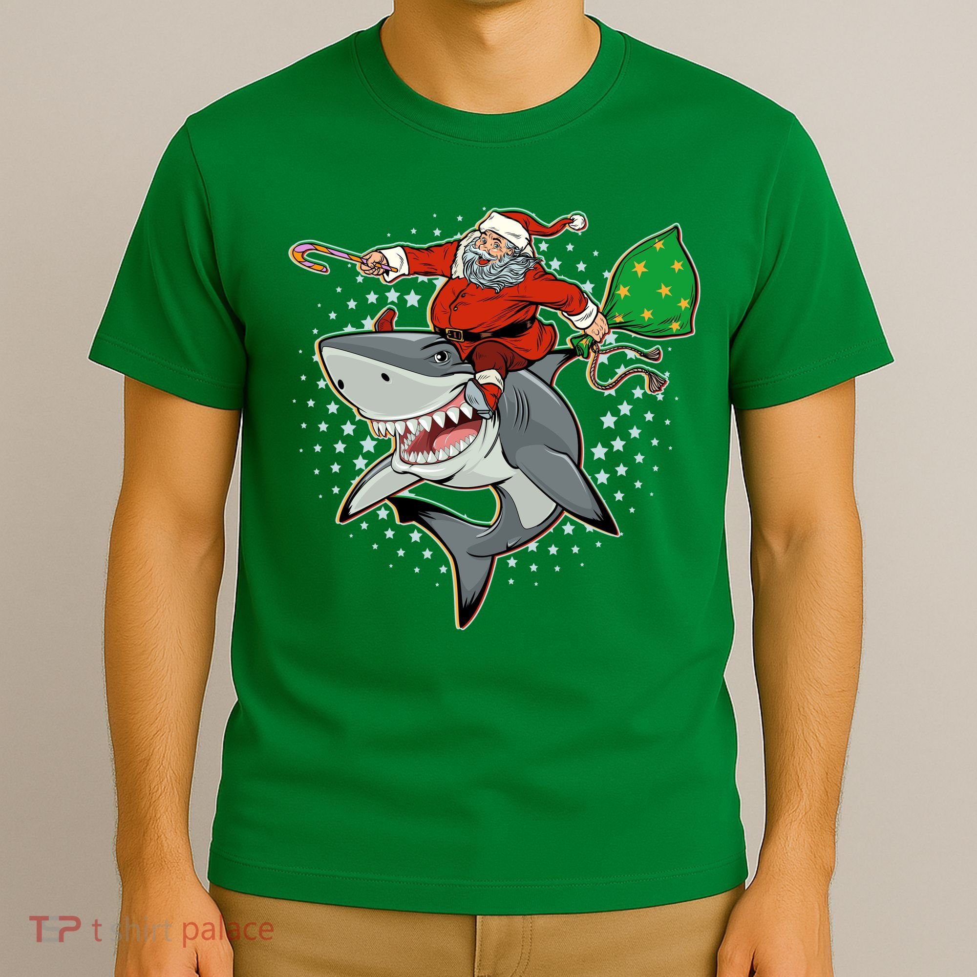 Funny Christmas Santa Riding Shark T-Shirt