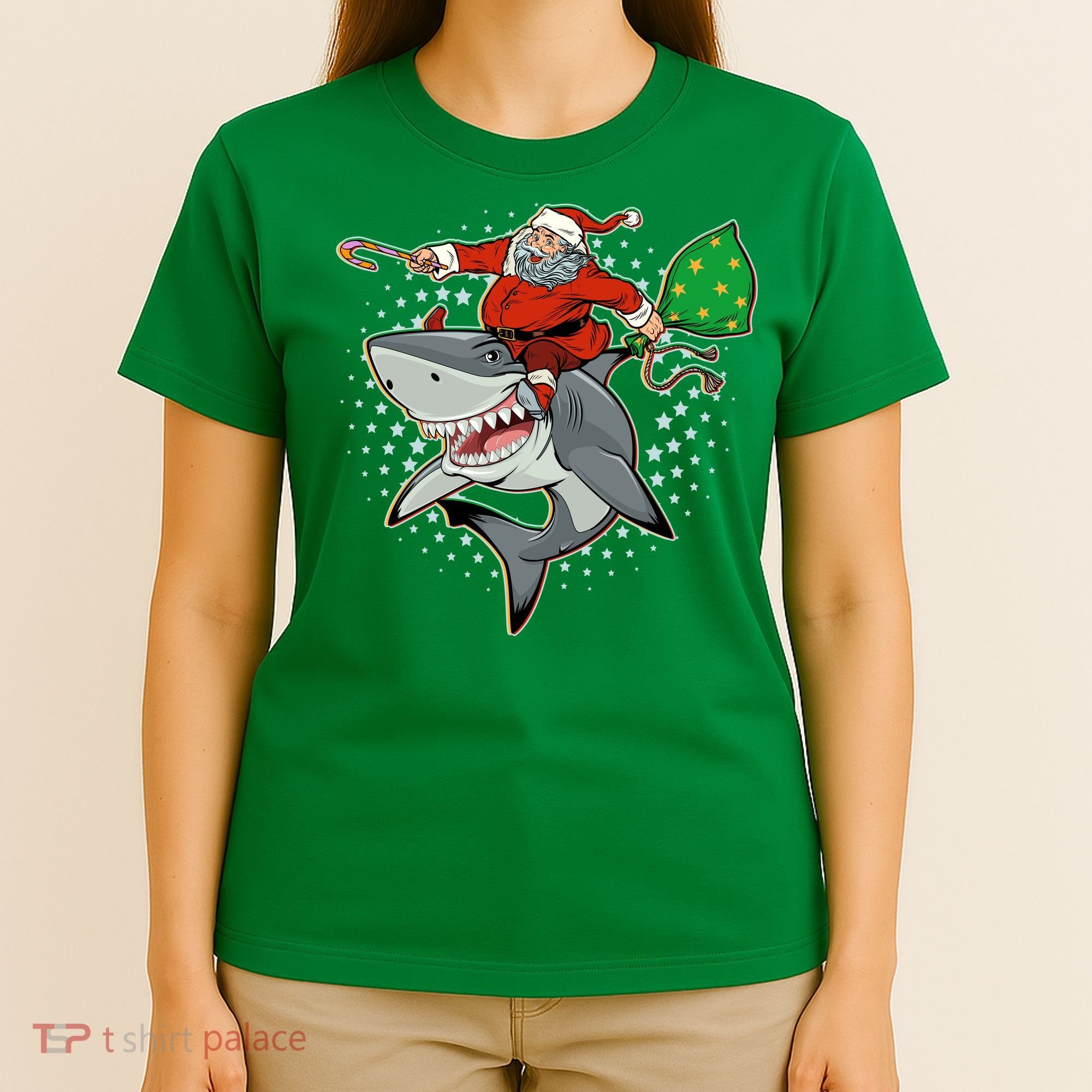 Funny Christmas Santa Riding Shark T-Shirt