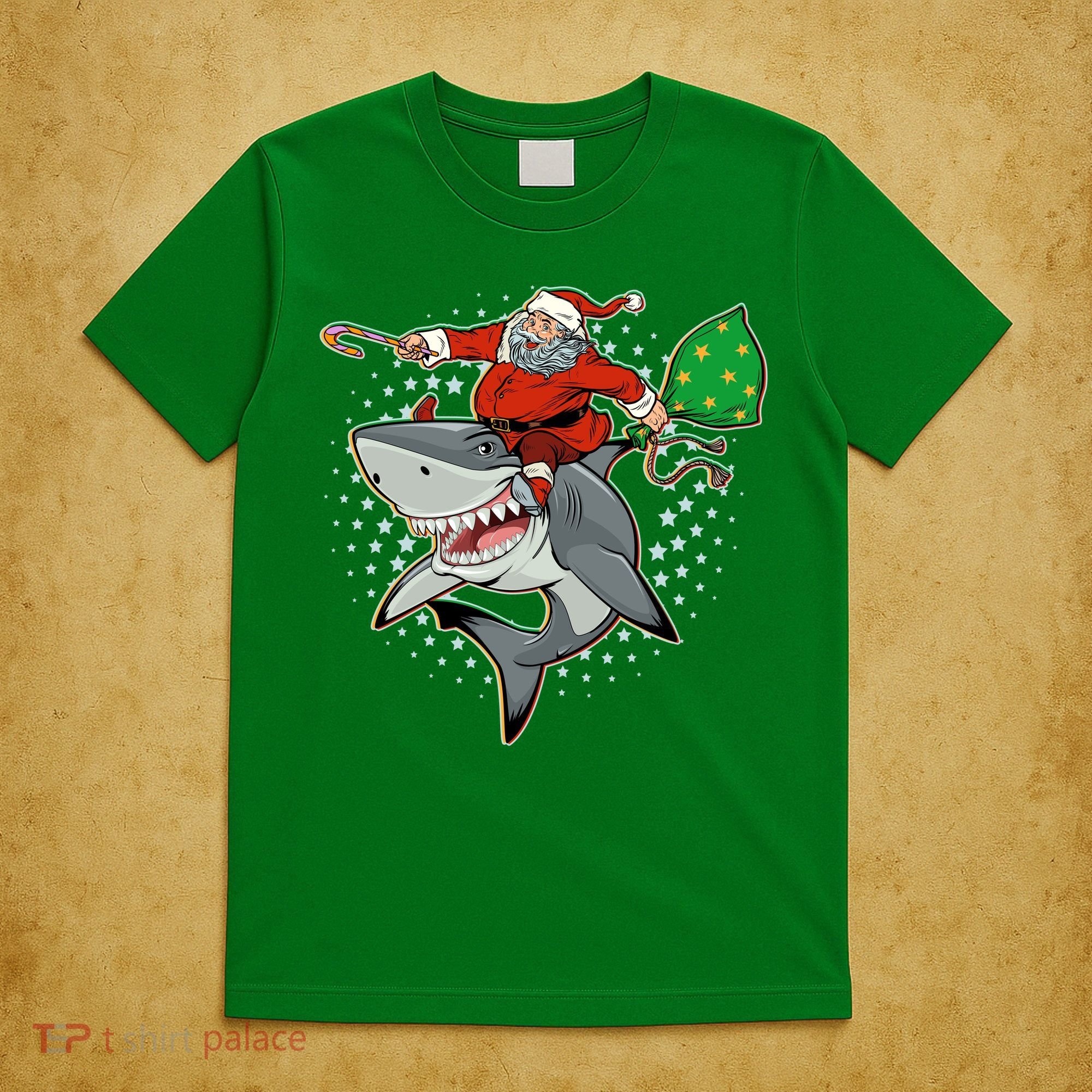 Funny Christmas Santa Riding Shark T-Shirt