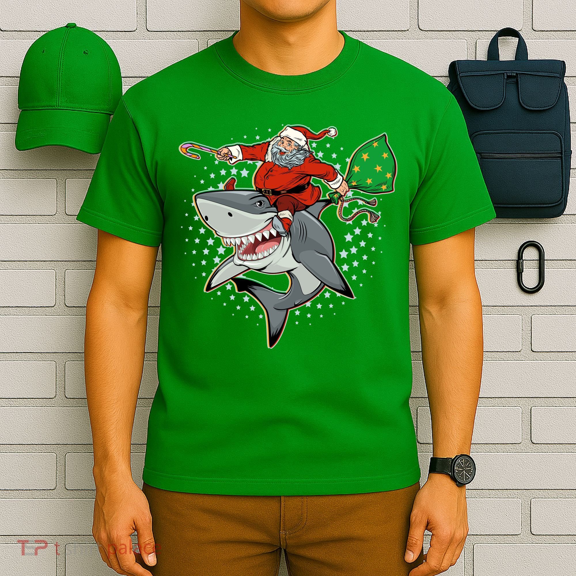 Funny Christmas Santa Riding Shark T-Shirt