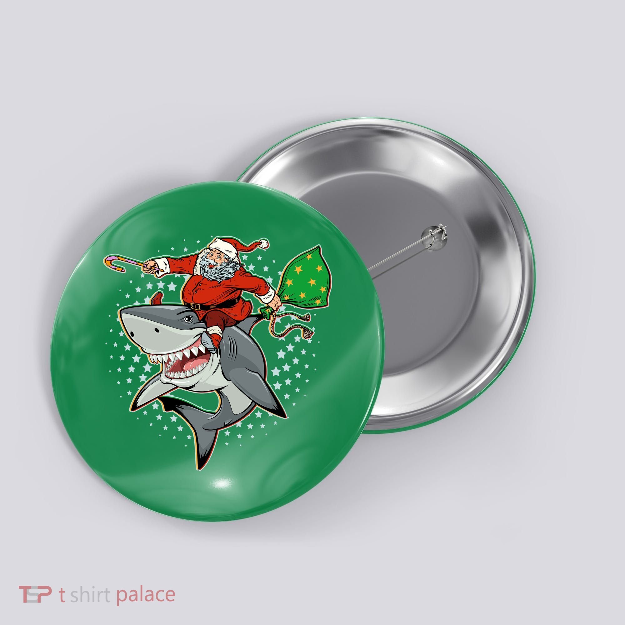 Funny Christmas Santa Riding Shark Button